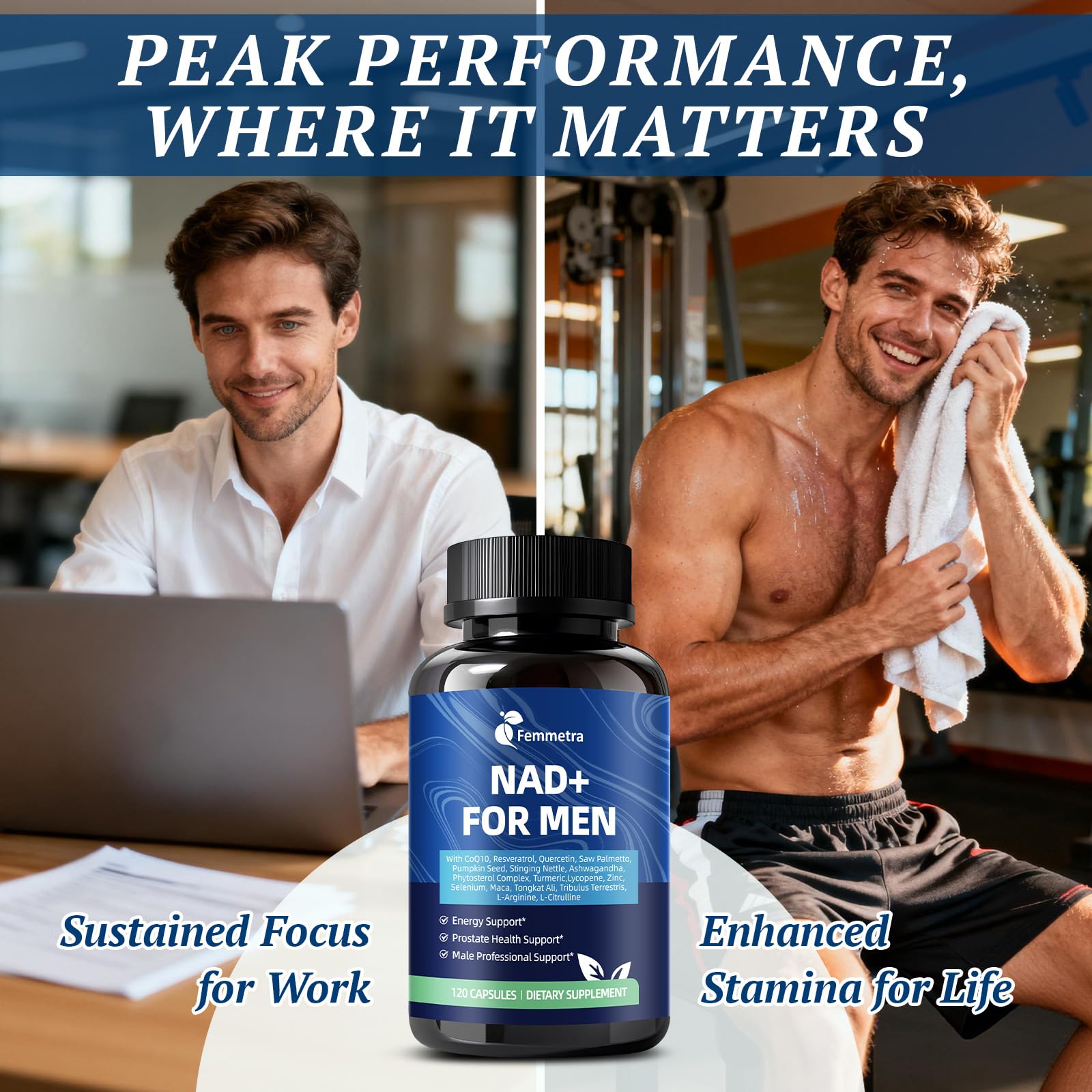 Femmetra NAD+ Supplements for Men with Saw Palmetto | All-in-One Cellular Energy, Prostate Support & Nitric Oxide Supplement with Resveratrol, L-Arginine | Non-GMO, 120 Capsules Femmetra uk supplements