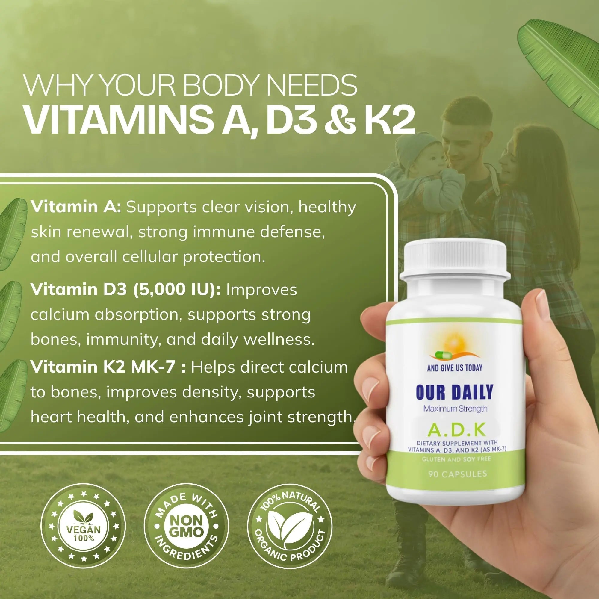 Daily Vites, ADK Vitamin Supplement 5000 IU, 90 Capsules - 3 Months Supply - High Potency Vitamin A, D3 & K2 (MK-7) - Physician Formulated ADK for Bone, Heart AND GIVE US TODAY OUR DAILY uk supplements