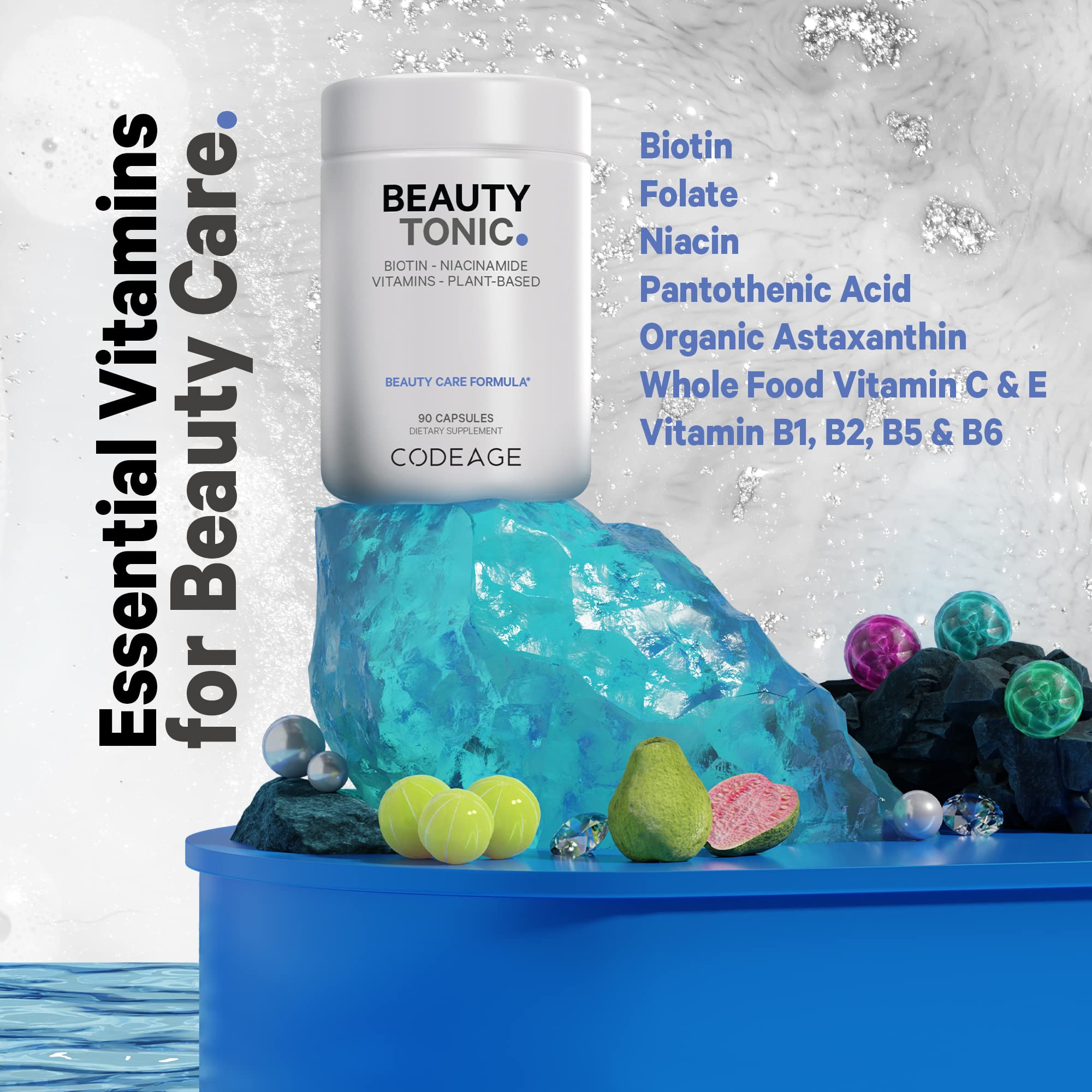 Codeage Biotin Supplement with Vitamin C, Vitamin E, Vitamin B6, Niacin, Folate, Organic Food Blend, Phytoceramides, Astaxanthin, Selenium - Beauty Tonic - Hair, Skin, and Nail Support - Vegan, 90 Ct Codeage uk supplements