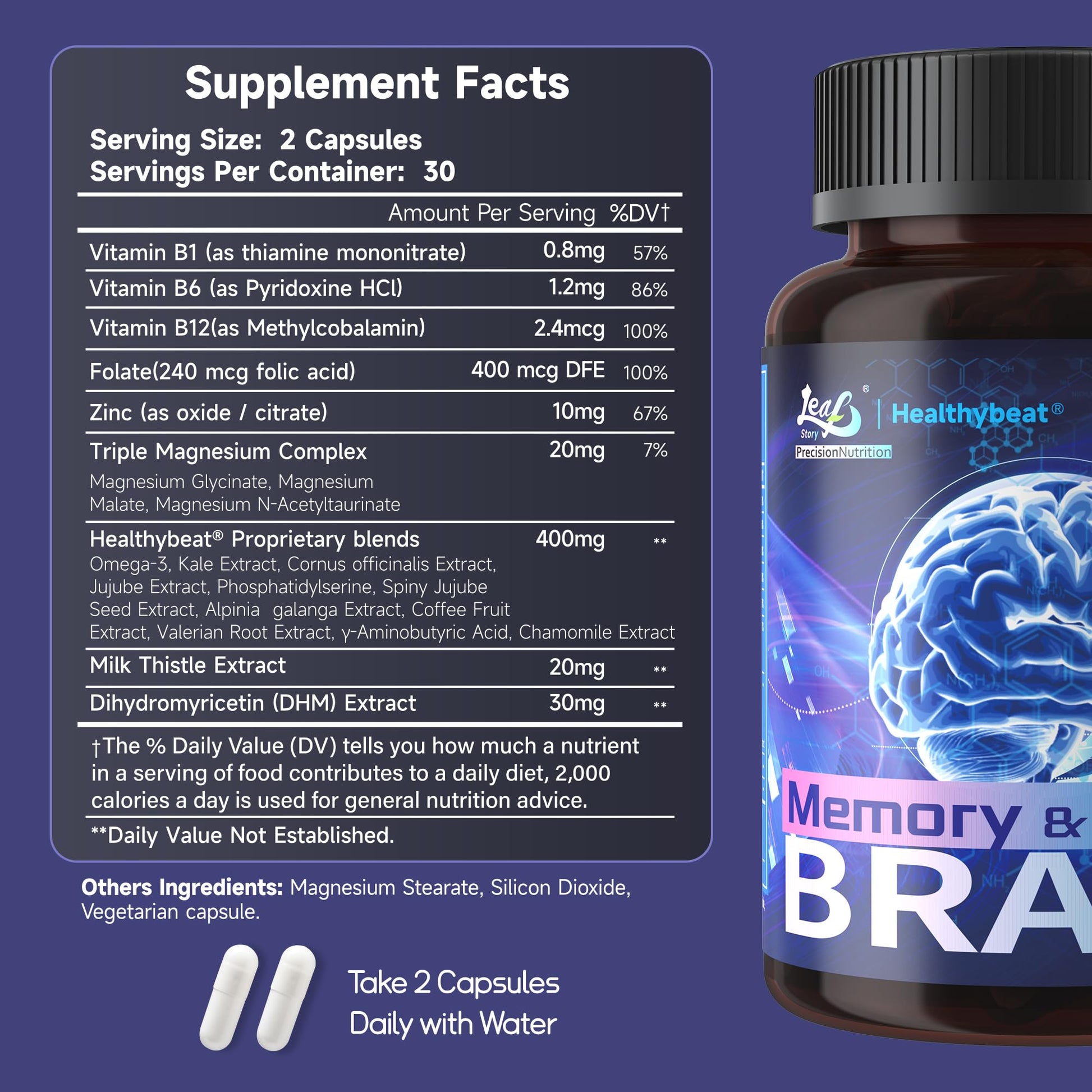 LeafStory Nootropic Brain Supplements for Memory and Focus, Cognitive Function for Mental Health & Clarity, Vitamin B6 B12, Folate & Dihydromyricetin, 60 Capsules LeafStory uk supplements