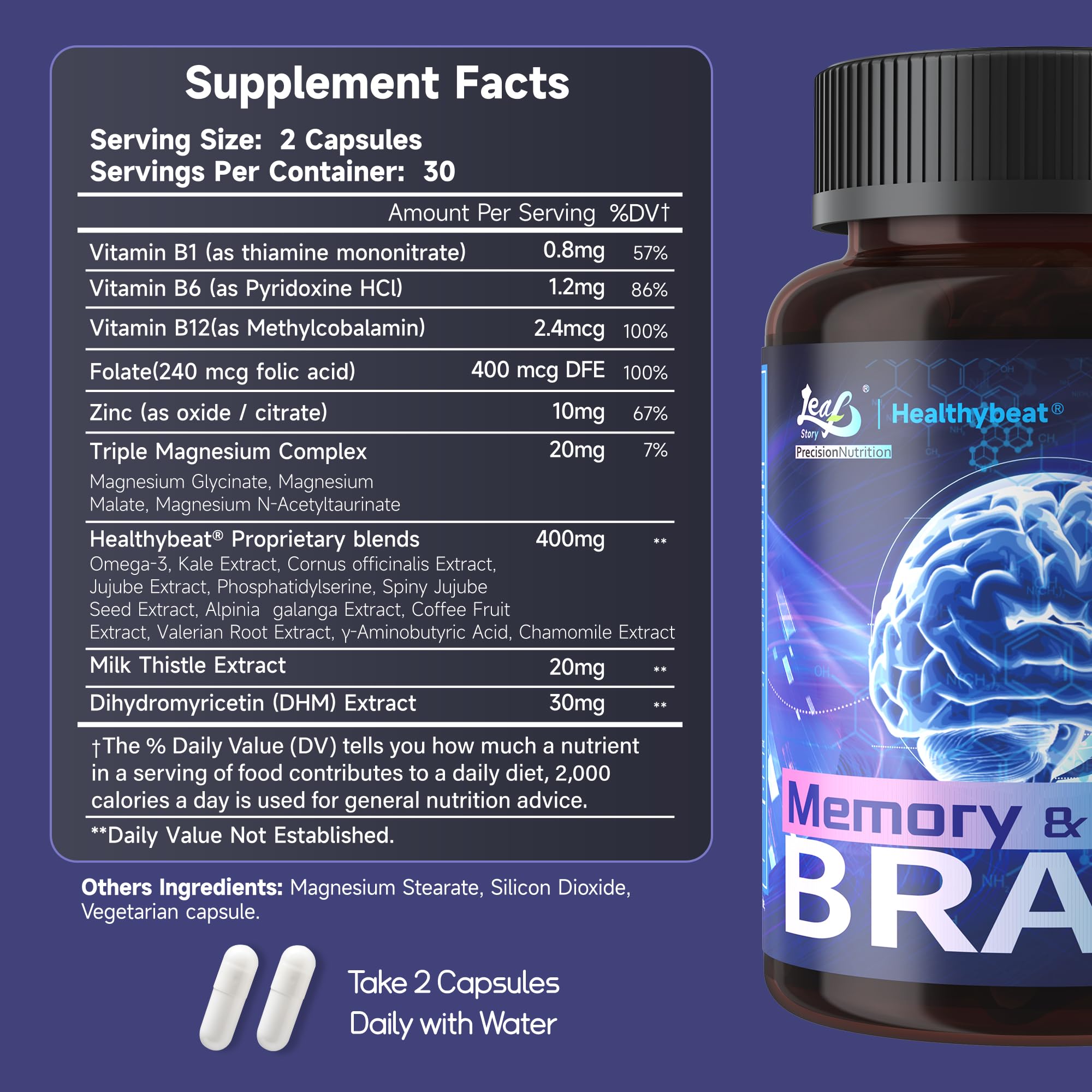 LeafStory Nootropic Brain Supplements for Memory and Focus, Cognitive Function for Mental Health & Clarity, Vitamin B6 B12, Folate & Dihydromyricetin, 60 Capsules LeafStory uk supplements