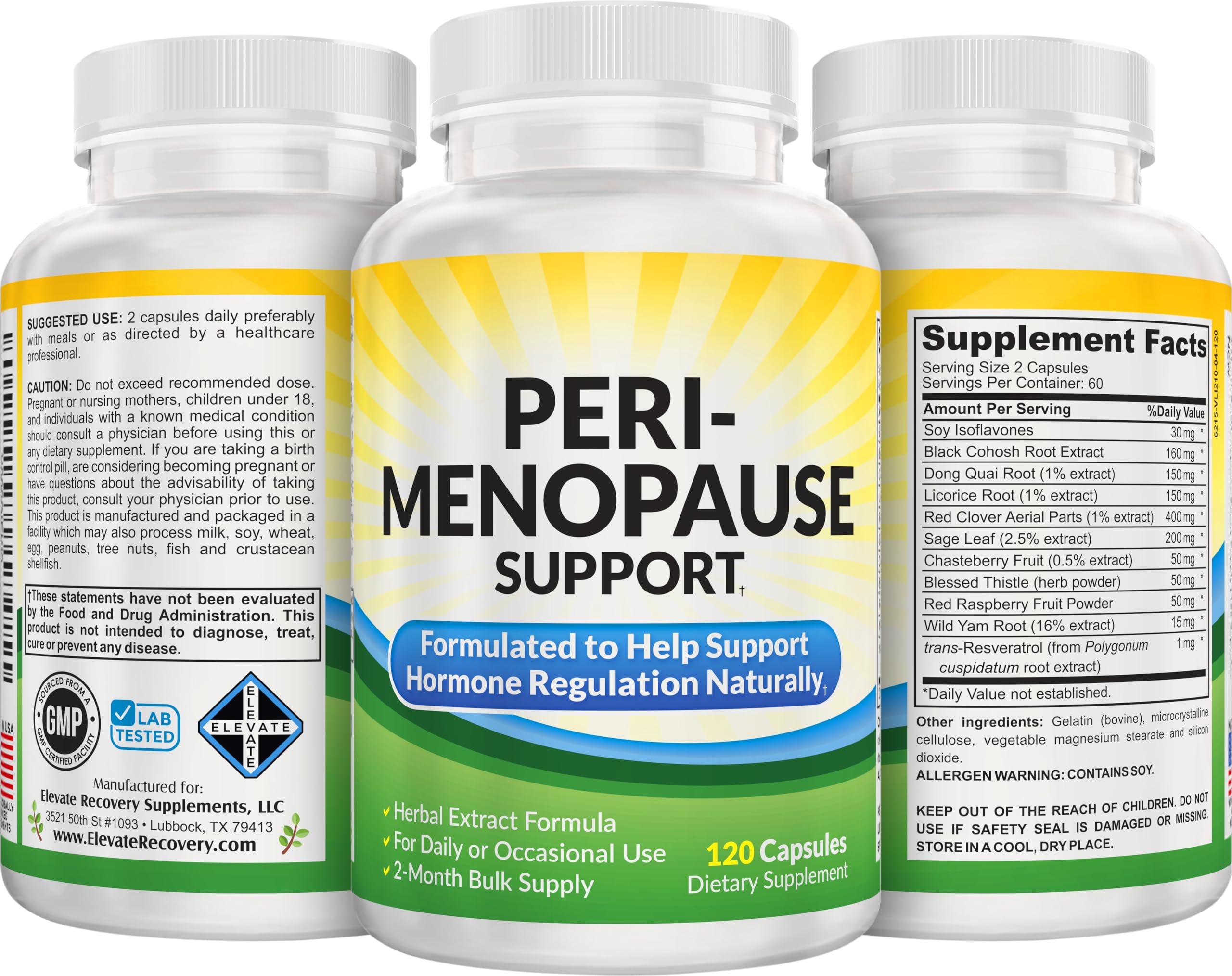 Perimenopause Support (2-Month) Supplement Blend | Women's Health & Hormone Support with 11 Herbs & Extracts | Female Hormonal Balance Supplements | 60-Day Bulk Supply | 120 Capsules Elevate Recovery Supplements uk supplements