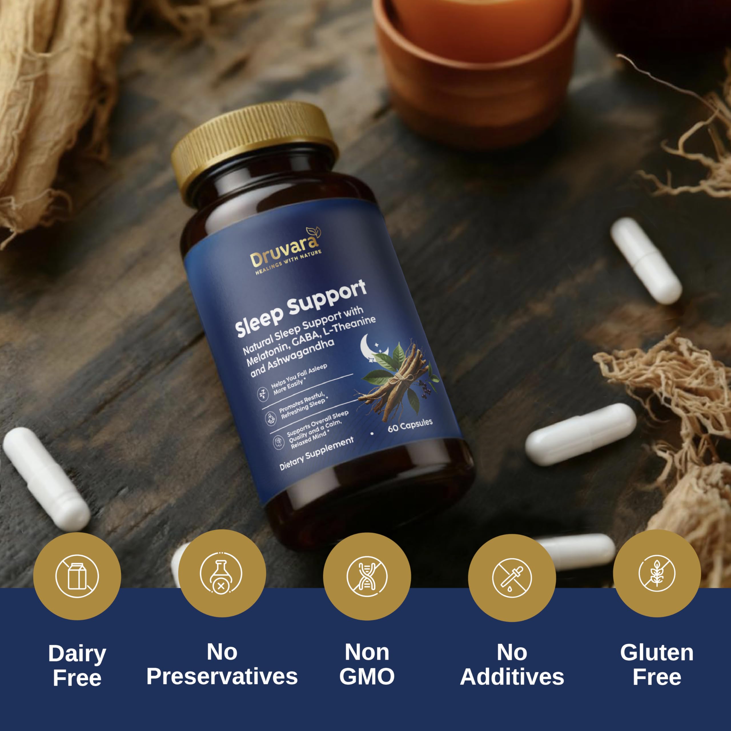 Druvara Natural Sleep Aid for Adults with Melatonin, GABA, L-Theanine & Ashwagandha, Natural Sleep Supplement for Deep, Restful Sleep - 60 Capsules Druvara uk supplements