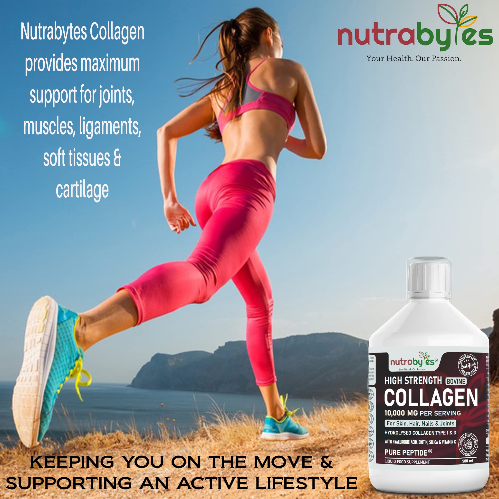 Collagen Liquid 10000mg, Hydrolysed Peptides | Hyaluronic Acid, Biotin, Silica, Vitamin C, Vitamin B12 NUTRABYTES uk supplements