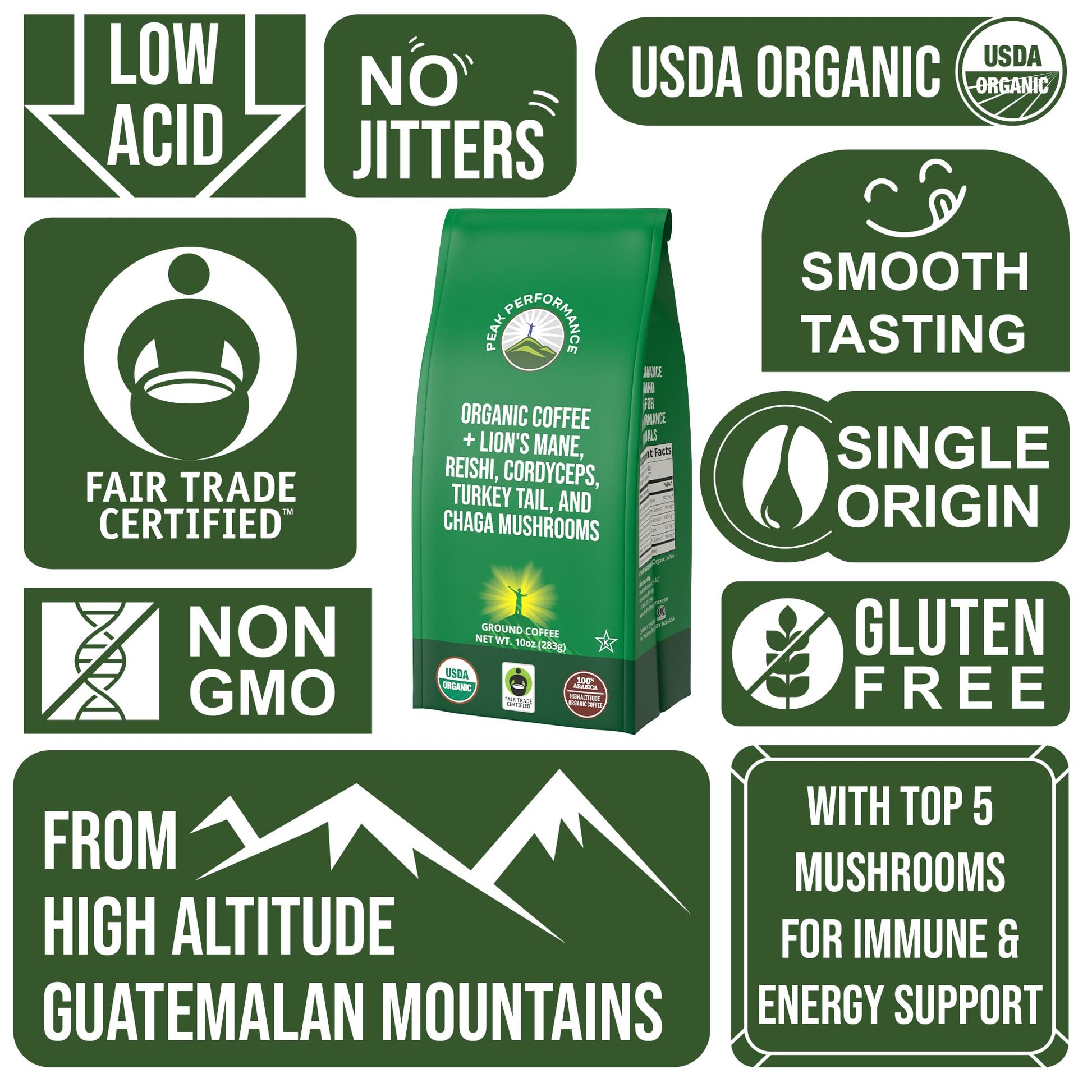 Organic Low Acid Mushroom Coffee with Lion's Mane, Reishi, Cordyceps, Turkey Tail, and Chaga Mushrooms - Great Tasting Premium High Altitude Medium Roast Ground Bags 10 oz by Peak Performance Peak Performance uk supplements