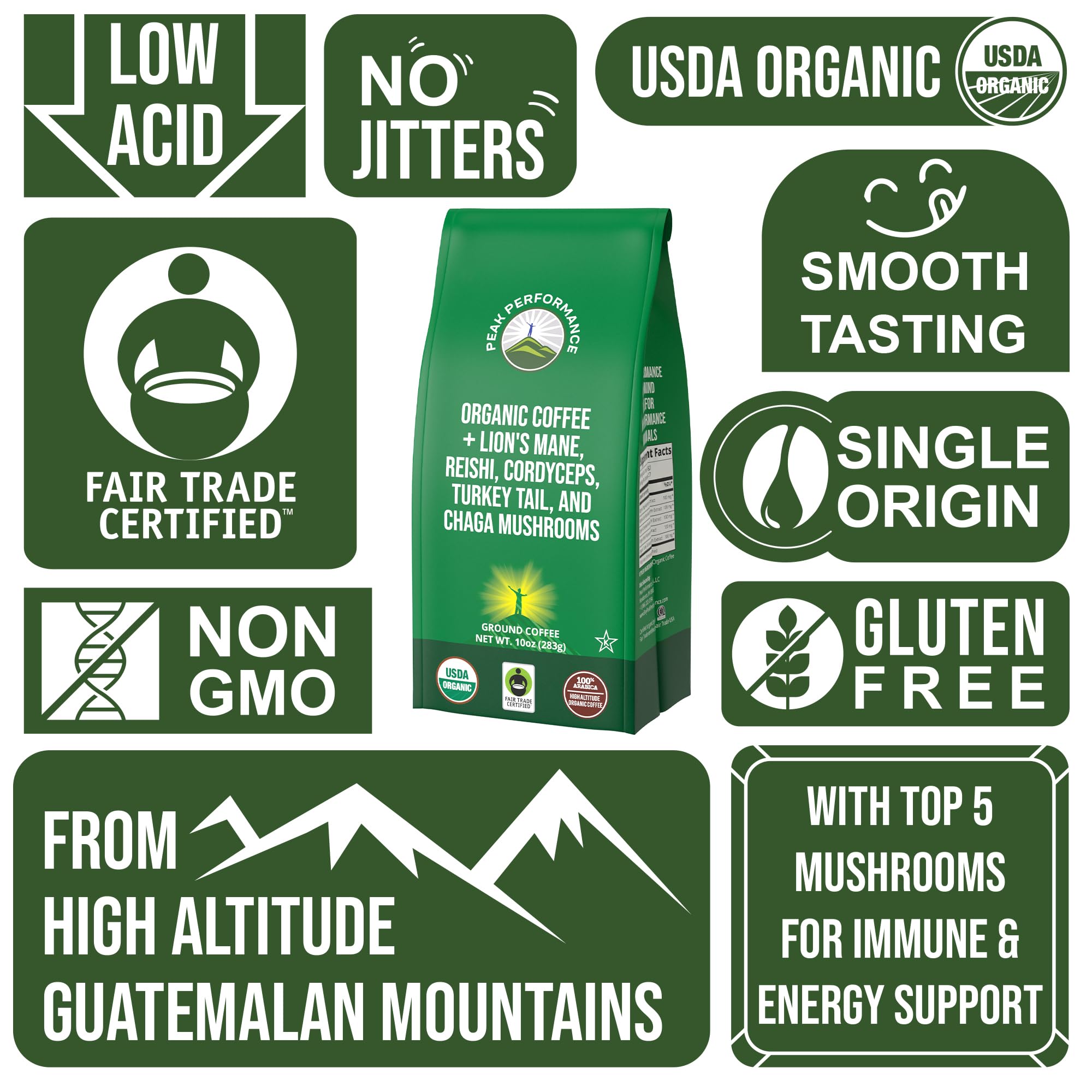 Organic Low Acid Mushroom Coffee with Lion's Mane, Reishi, Cordyceps, Turkey Tail, and Chaga Mushrooms - Great Tasting Premium High Altitude Medium Roast Ground Bags 10 oz by Peak Performance Peak Performance uk supplements