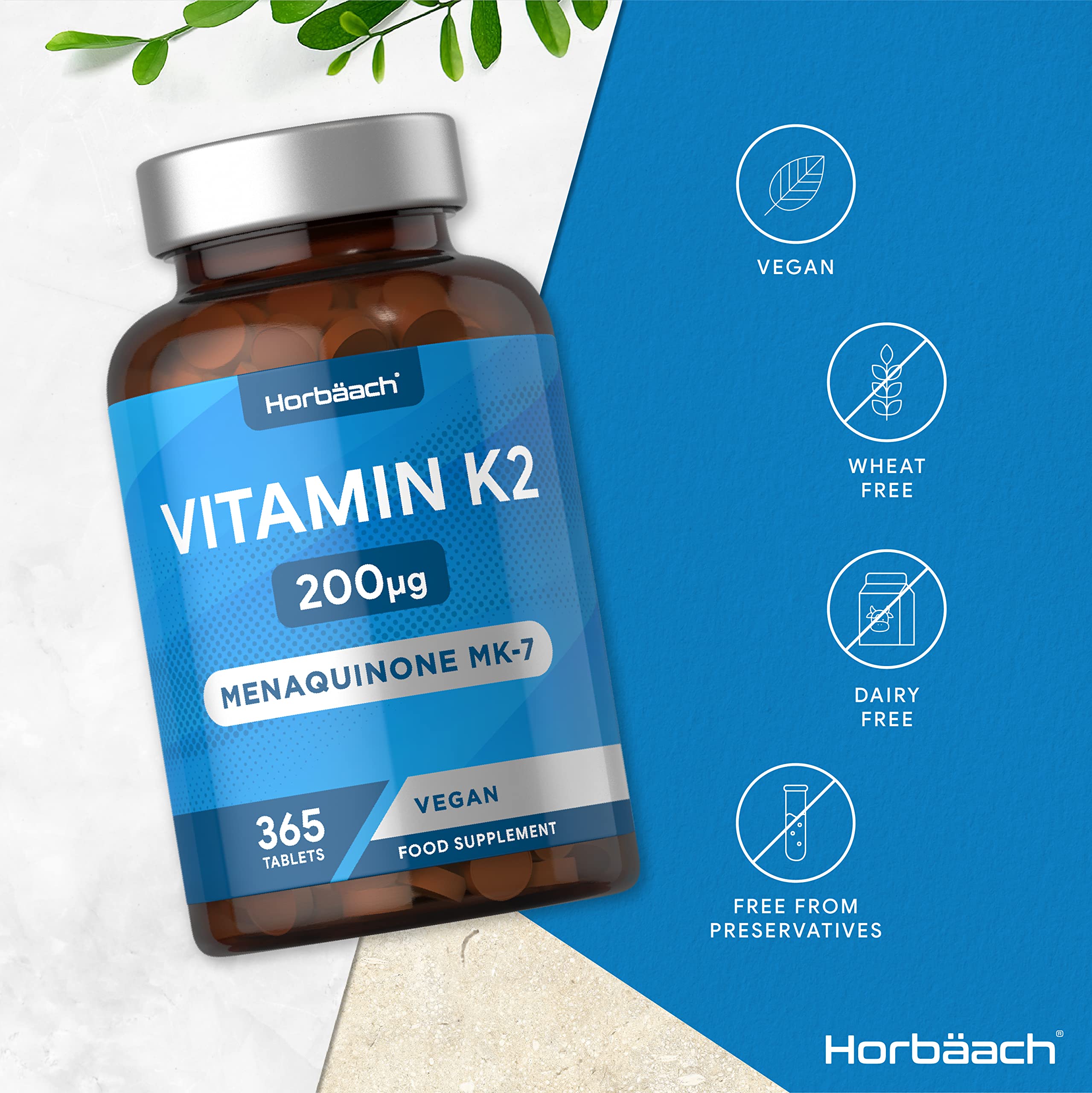 Vitamin K2 MK7 200ug | 365 Vegan Tablets | High Strength Menaquinone MK-7 Horbäach uk supplements
