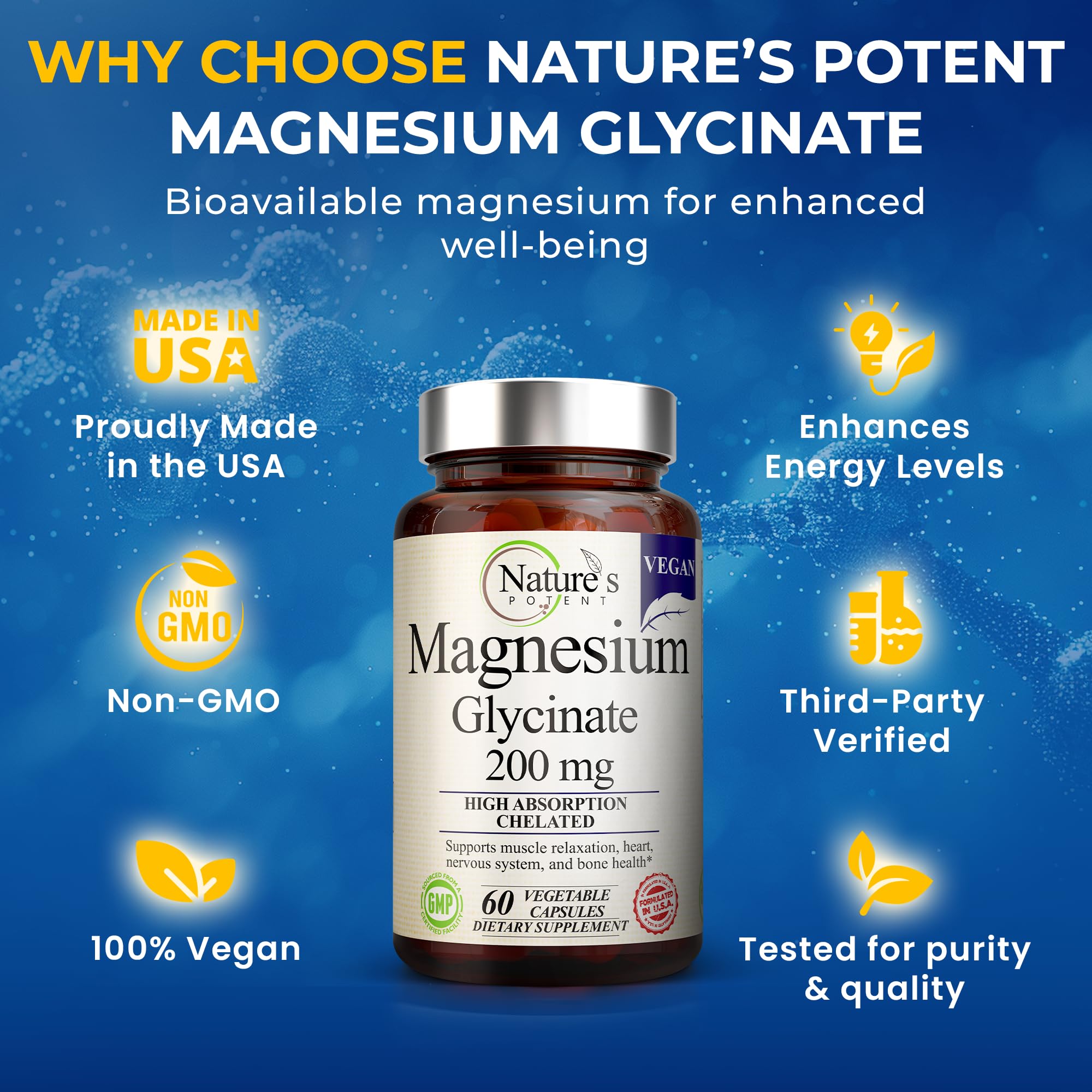 Nature’s Potent Magnesium Glycinate 200mg | High Absorption Chelated Magnesium | Sleep, Calm & Muscle Cramp Support | Vegan Supplement | 60 Capsules Nature's Potent uk supplements