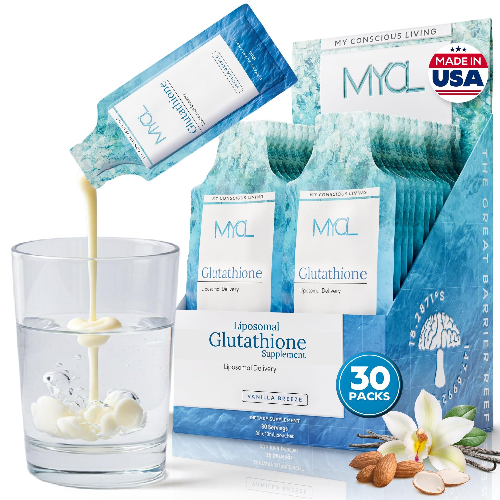MYCL Liposomal Glutathione Supplement Squeeze Packs – Vitamin E and MCT Oil – Skin, Hair and Nail Health– High Absorption - Vanilla Almond – 30 Single-Serve Packets MYCL uk supplements