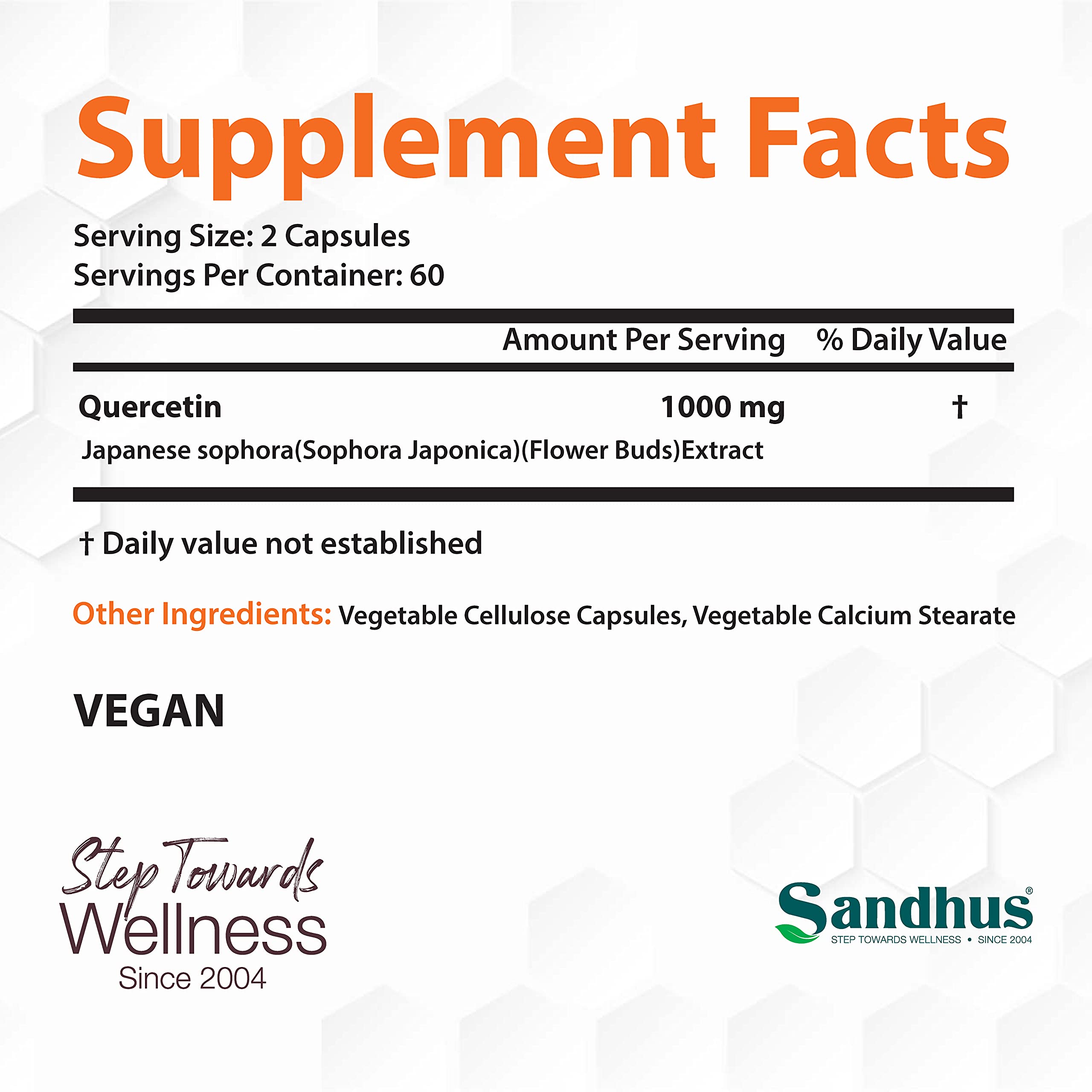 Sandhu's Quercetin 1000mg Per Serving 120 Count Vegetarian Capsules Bioflavonoids Sandhu's uk supplements