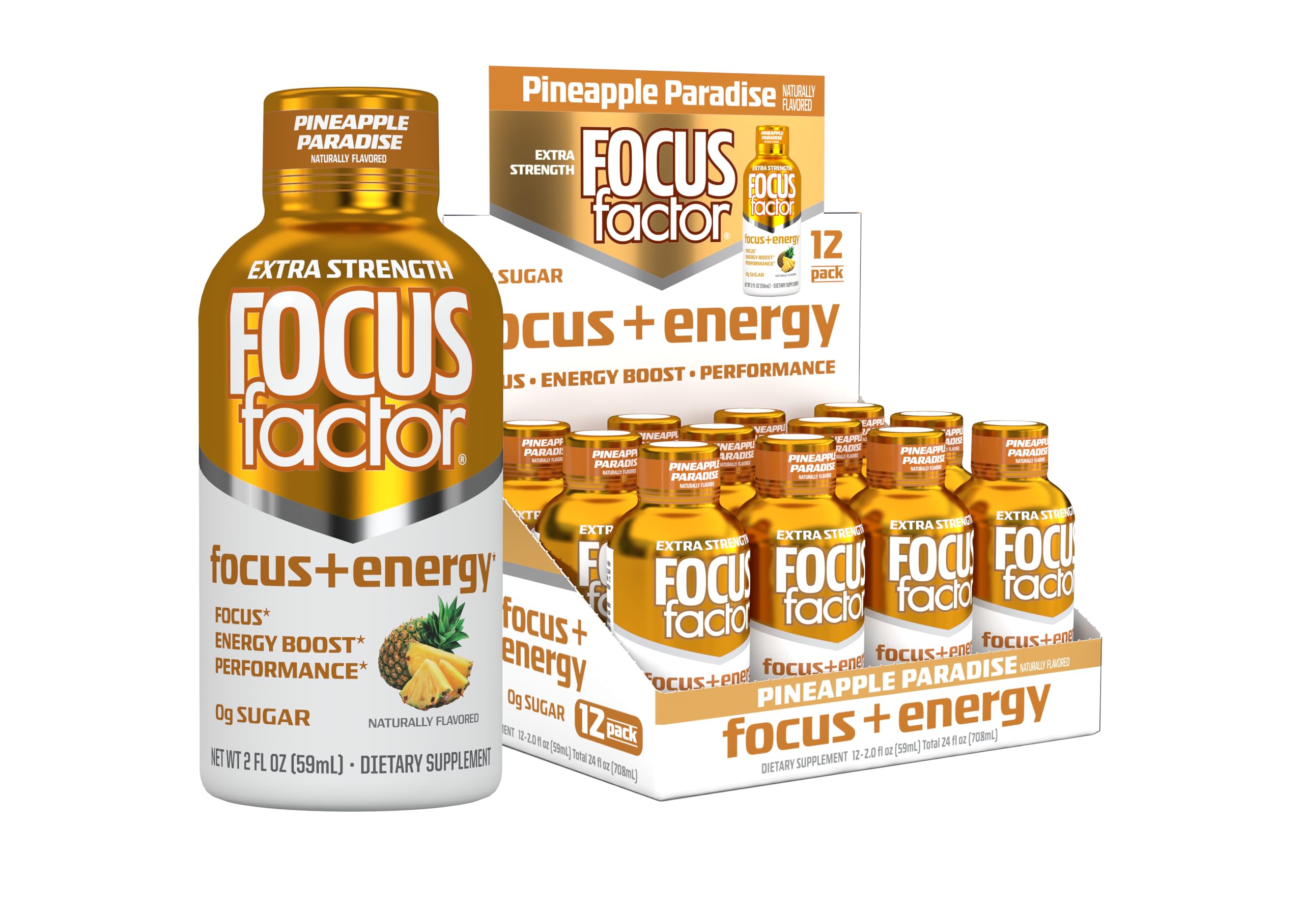 Focus Factor Extra Strength Focus + Energy Shots - 12 x 2oz Bottles (Pineapple Paradise Flavor) - Powered by Nootropics with Caffeine, L-Theanine, Ginkgo, Bacopa, L-Tyrosine, Alpha GPC Focus Factor uk supplements