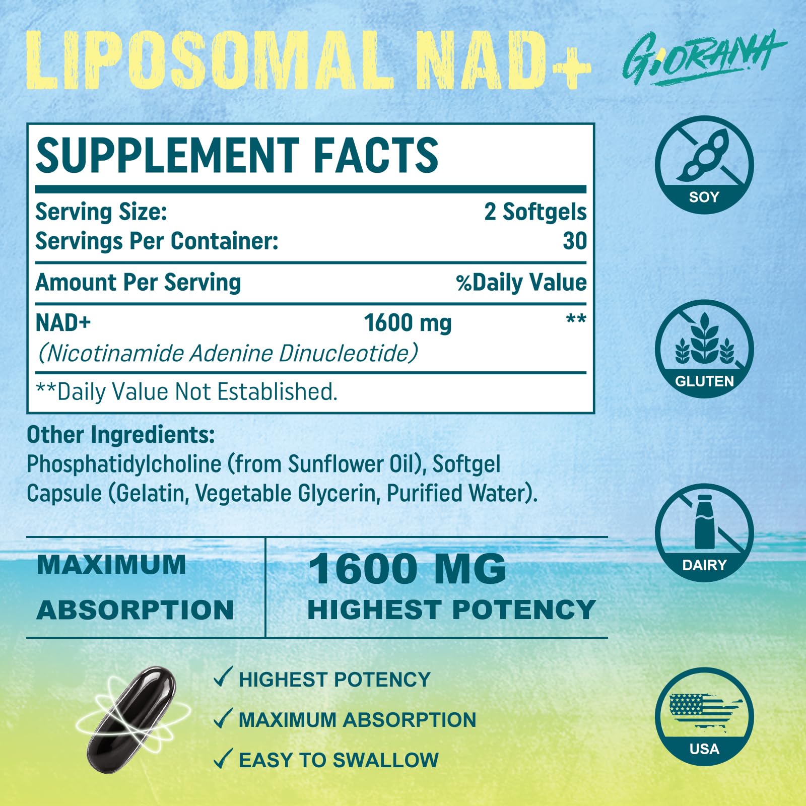 GIORANA 1600 MG Liposomal NAD+ Supplement, NAD+ Boosting Supplement, Superior Absorption, Vitamin B3 for Aging Defense, Longevity, Energy, Repair, Non-GMO, 60 Softgels GIORANA uk supplements
