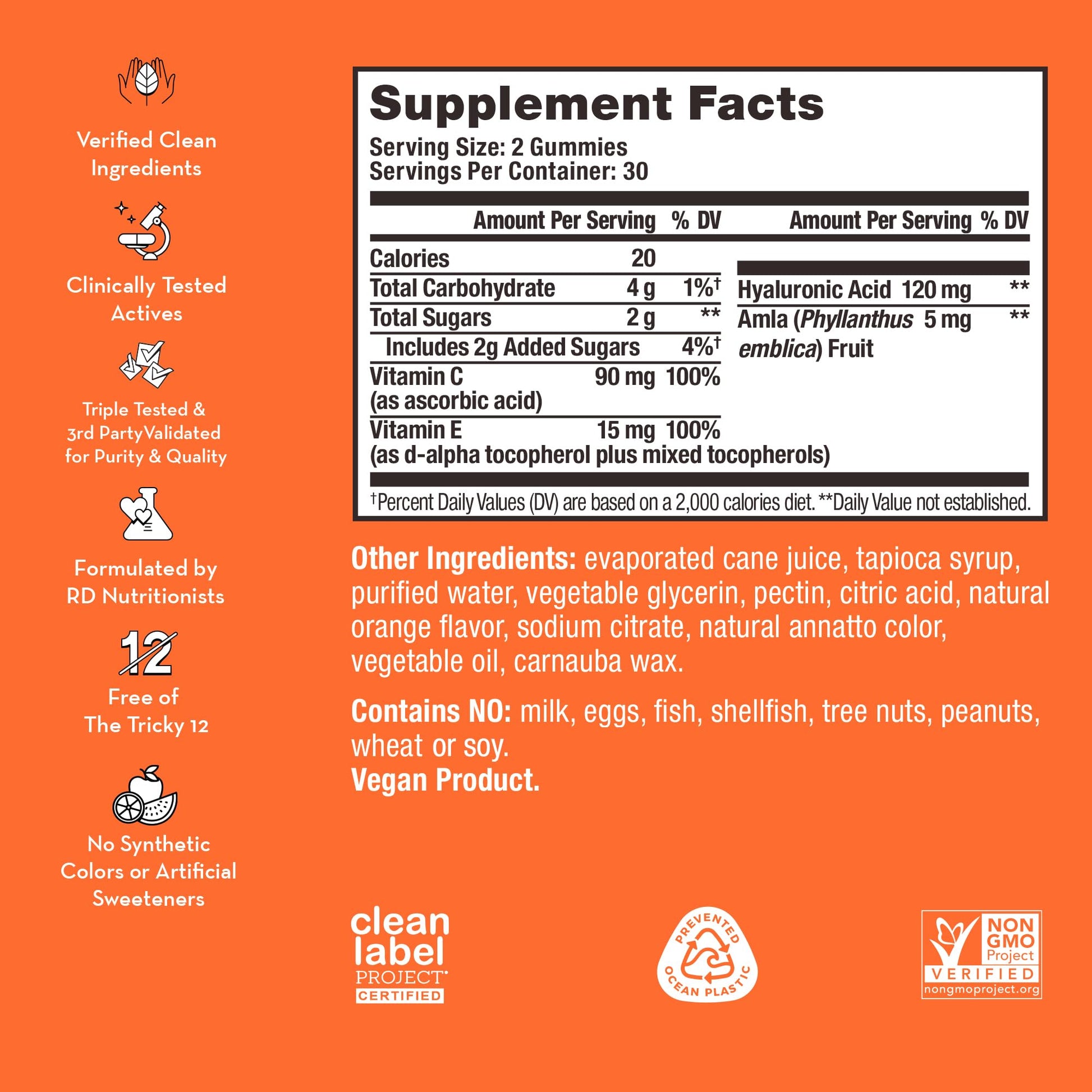 HUM Hyaluronic Glow Hydrating Skin Care Supplement, with Low Molecular Hyaluronic Acid, Vitamin C from Amla Fruit, and Vitamin E, Antioxidant Support for Skin Hydration, Tangerine, 60 Vegan Gummies HUM uk supplements