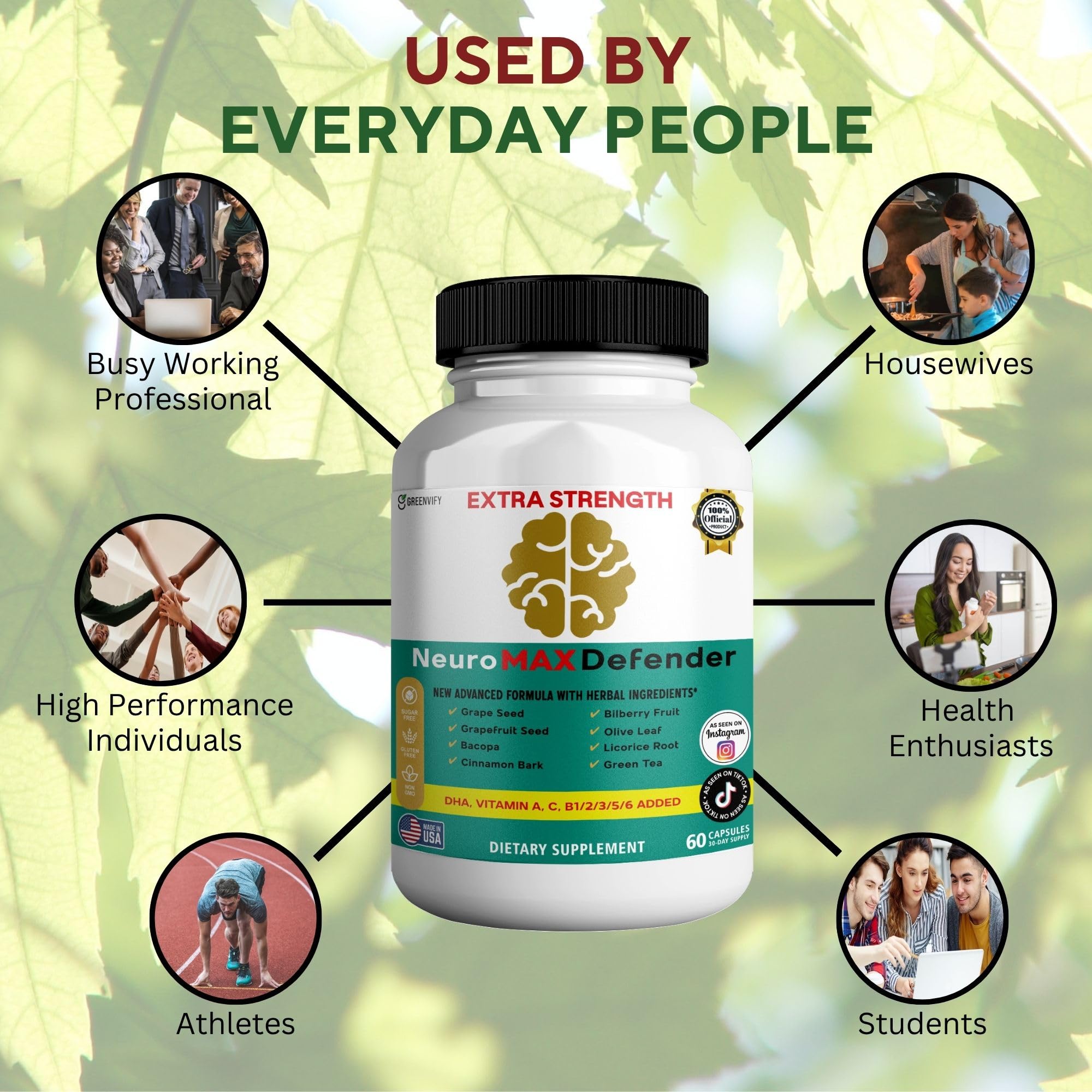 GREENVIFY NeuroMAX Defender Extra Strength Brain Support Supplement with Herbal Blend, 60 Capsules, DHA, B12, Vitamins A C D E, Selenium, 30-Day Supply (1) GREENVIFY uk supplements
