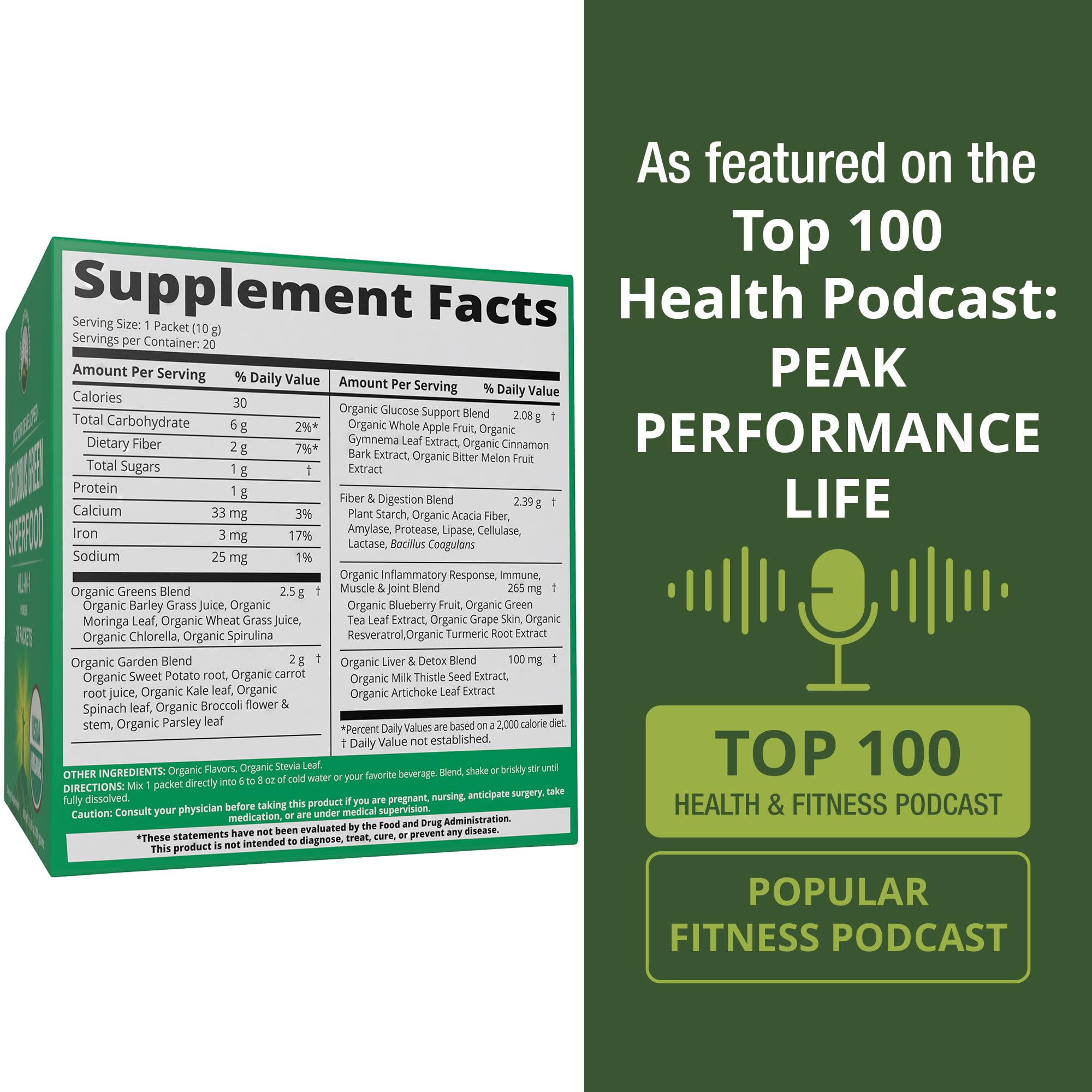 Peak Performance Organic Greens Superfood Powder Single Serve Travel Packets. Best Tasting Organic Green Juice Super Food with 25+ All Natural Ingredients for Max Energy. (20 Pack) Peak Performance uk supplements