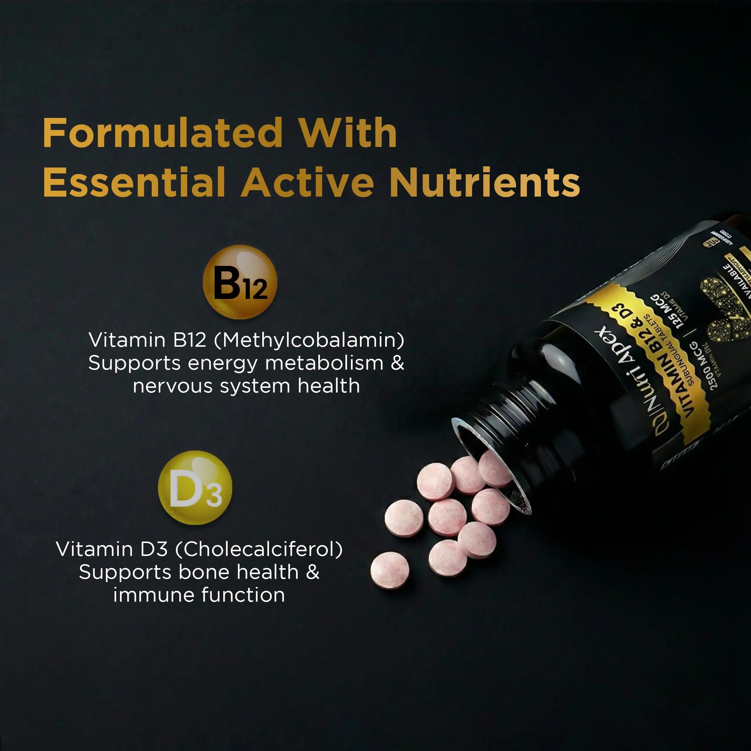 Nutri Apex Vitamin B12 & D3 Sublingual Tablets - 2500 mcg B12 & 125 mcg (5000 IU) D3 - Highly Bioavailable for Energy, Mood & Bone Health - Lab-Tested Nutri Apex uk supplements