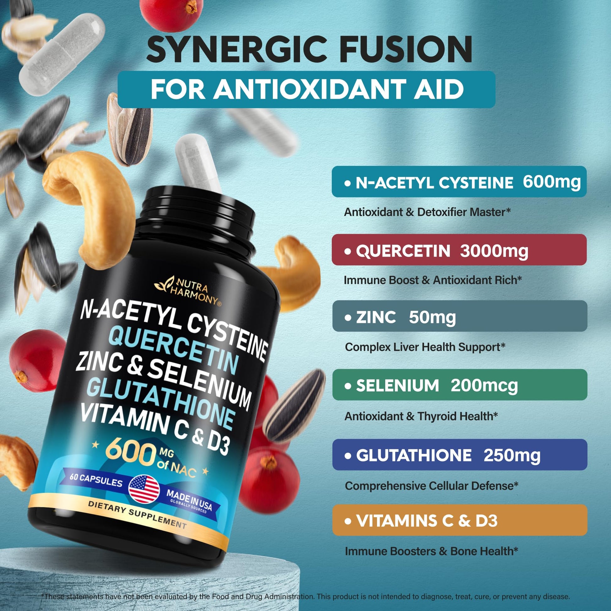 NAC 600 mg Supplement | Quercetin | Zinc | Glutathione | Selenium | Vitamin C & D3 NUTRAHARMONY uk supplements