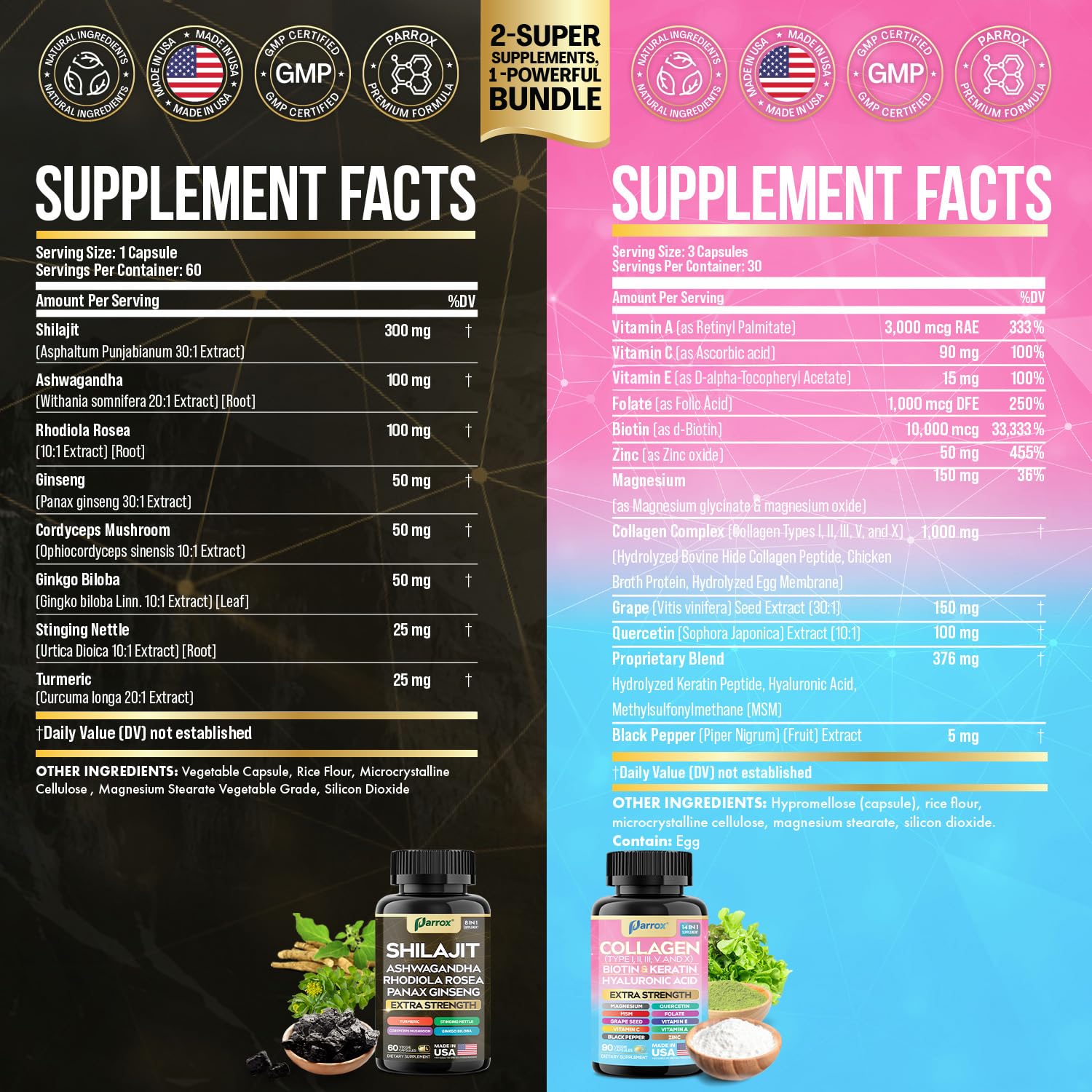 Parrox Adaptogen & Beauty Bundle – Rhodiola, Panax Ginseng, Ashwagandha, Cordyceps, Turmeric, Collagen, Biotin, Keratin, MSM, Hyaluronic Acid, Zinc, Quercetin, Vitamin C, A & E, Folate, Magnesium Parrox uk supplements