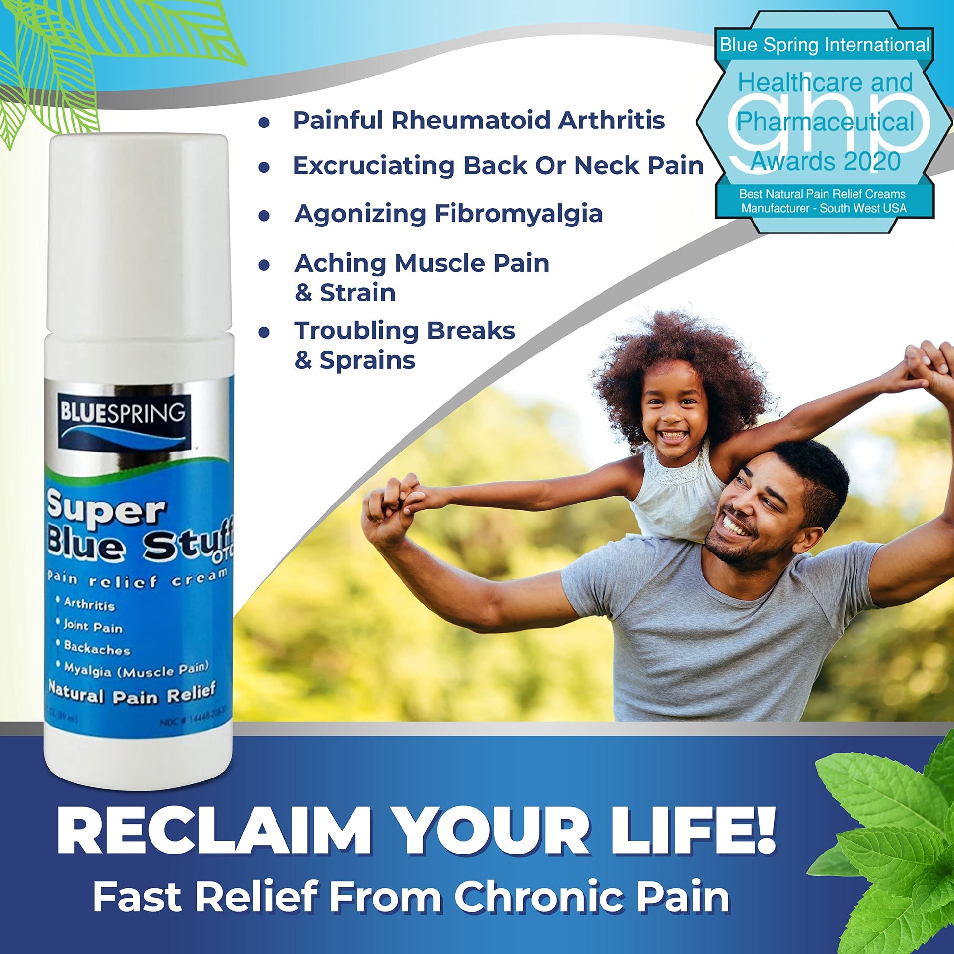 Super Blue Stuff Natural Pain Relief roll on with Emu Oil by BlueSpring- Pain relief rub Anti Inflammatory Analgesic Cream for Back, Knee, Joint, Muscle, Arthritis, and neck Pain Relief- 3 Oz roll-on. Emu Therapy uk supplements