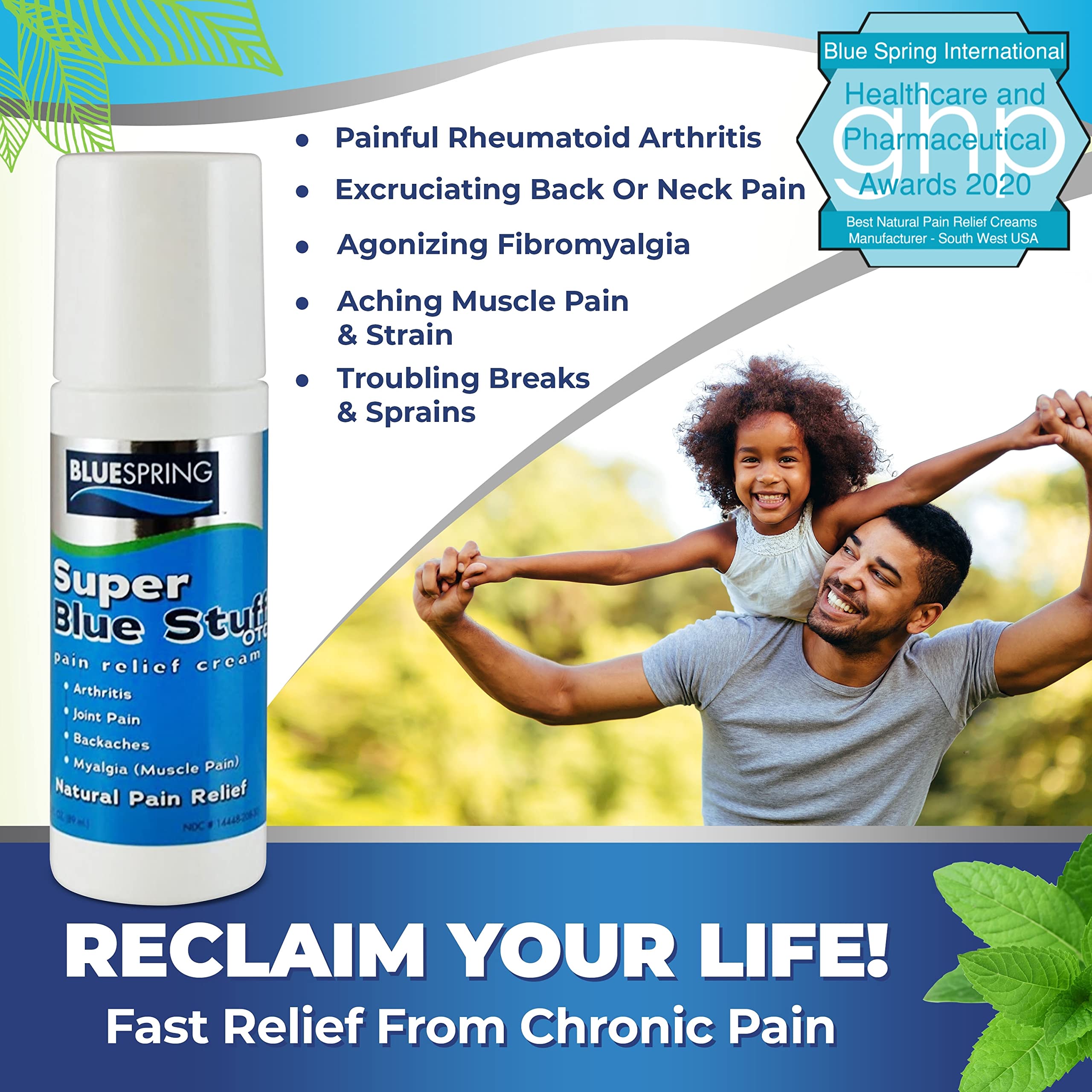Super Blue Stuff Natural Pain Relief roll on with Emu Oil by BlueSpring- Pain relief rub Anti Inflammatory Analgesic Cream for Back, Knee, Joint, Muscle, Arthritis, and neck Pain Relief- 3 Oz roll-on. Emu Therapy uk supplements