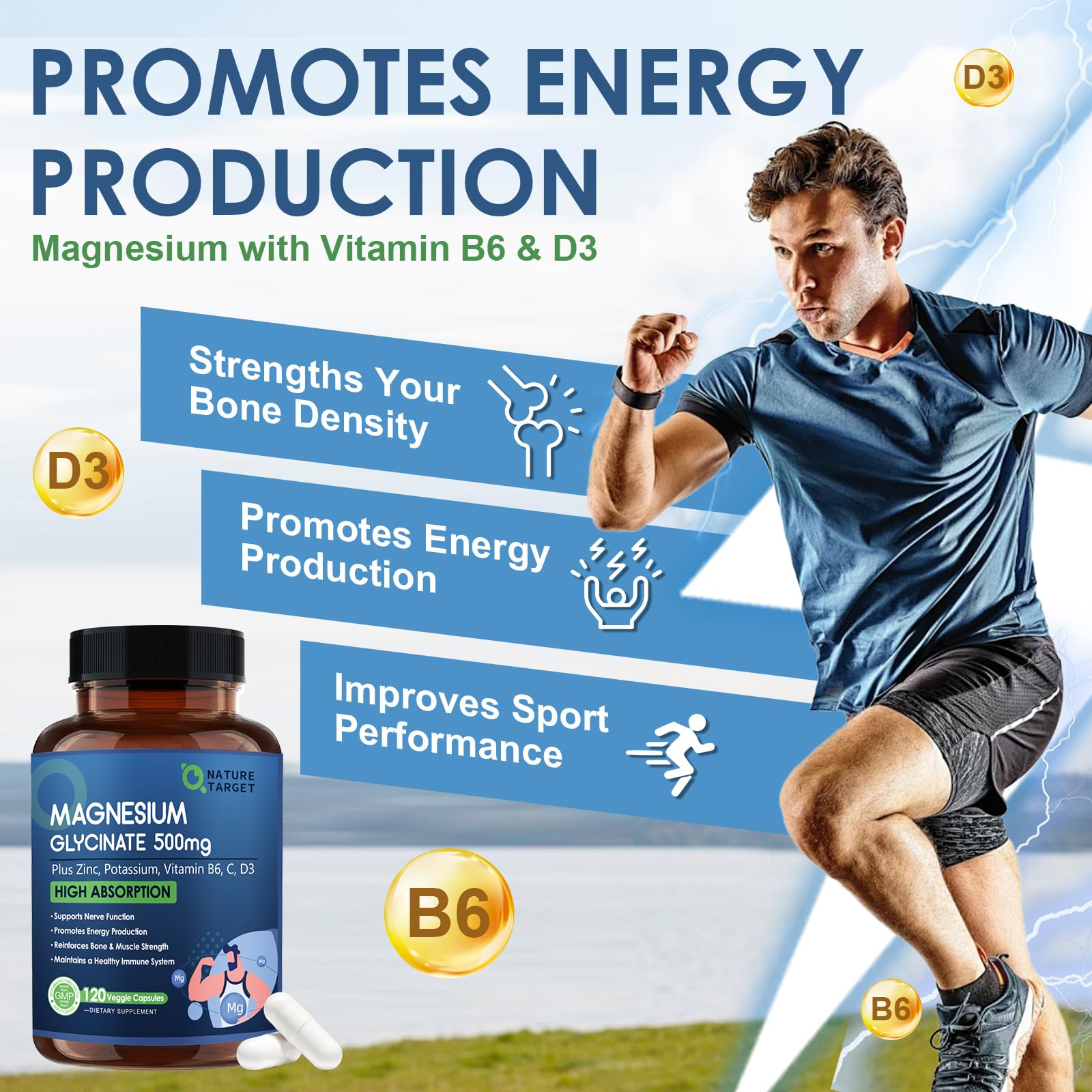 NATURE TARGET Magnesium Glycinate 500mg, Chelated Magnesium with Zinc & Vitamin D3 for Muscle, Nerve & Bone, Support Heart Health & Leg Cramp, Strength Immune System - 120 Capsules NATURE TARGET uk supplements