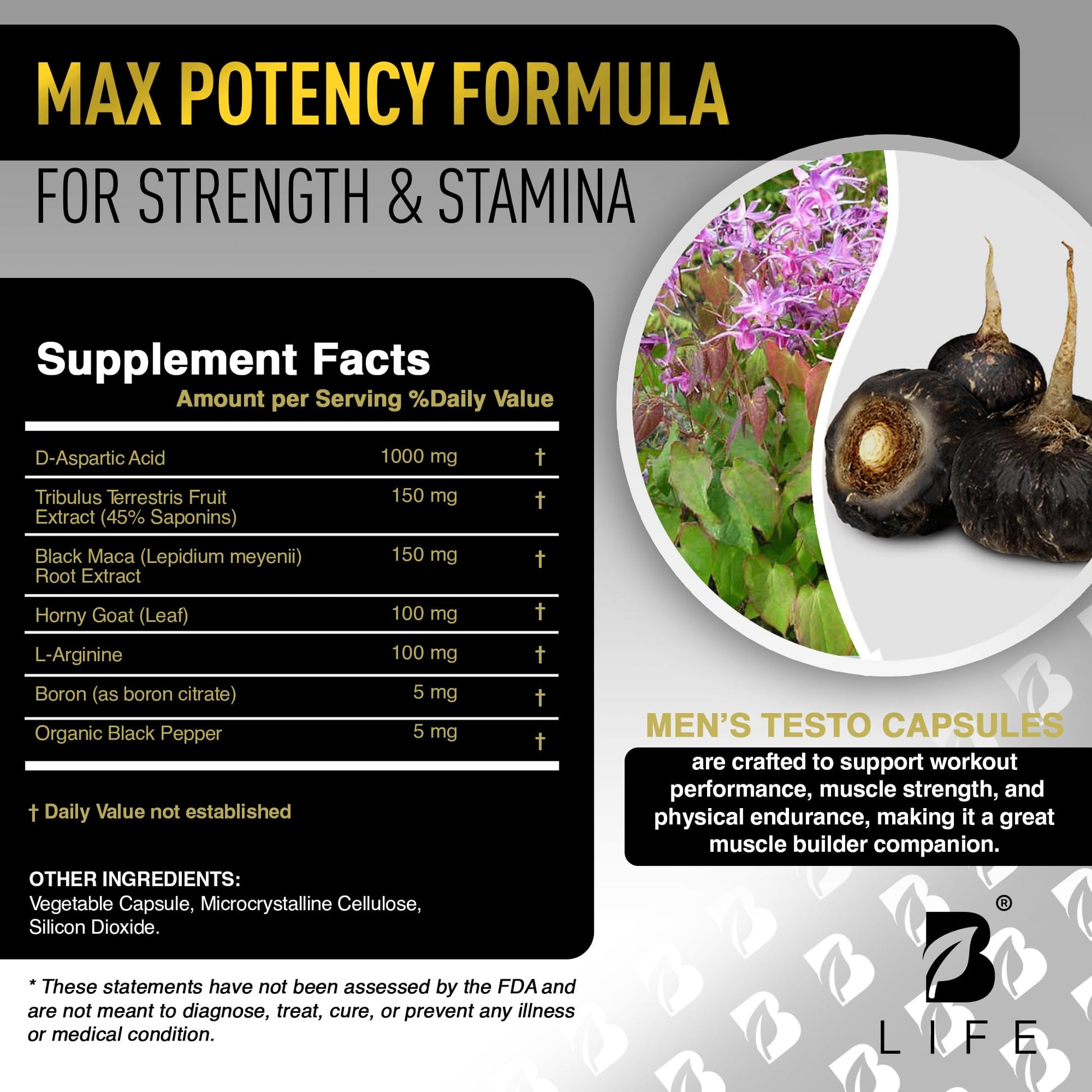 Testosterone Booster Supplement for Men | Boron supplement for men with Tribulus Terrestris, Black Maca, Horny Goat Weed, L-Arginine | Stamina, Endurance, Muscle growth & strength | 80 Servings B Life Company uk supplements