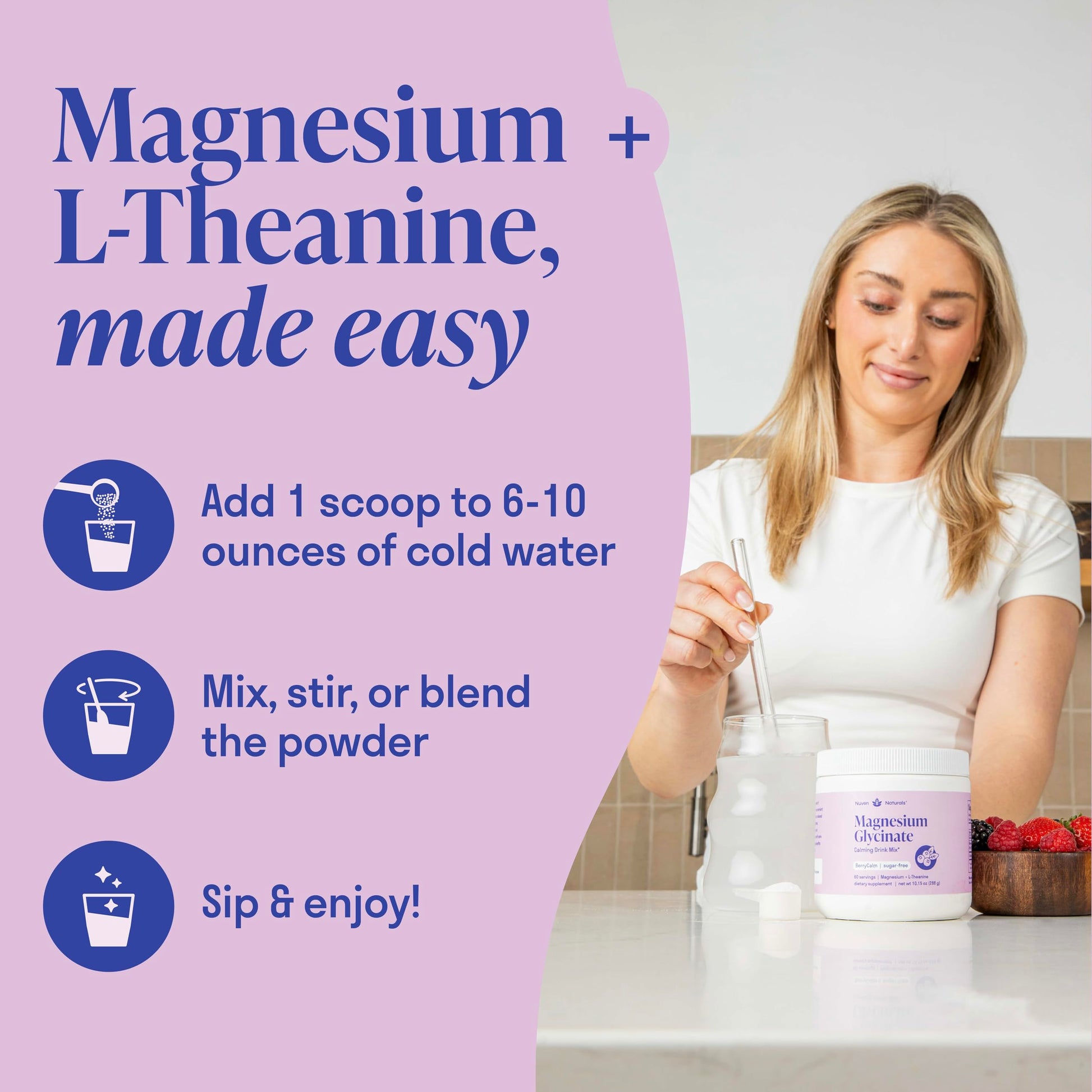 Magnesium Glycinate Powder + L-Theanine | 60 Servings | 300 mg per Scoop High Absorption Chelated Magnesium Powder for Sleep - Natural Mixed Berry Flavor, No Sugar, Support Restful Sleep & Relaxation Nuven Naturals uk supplements