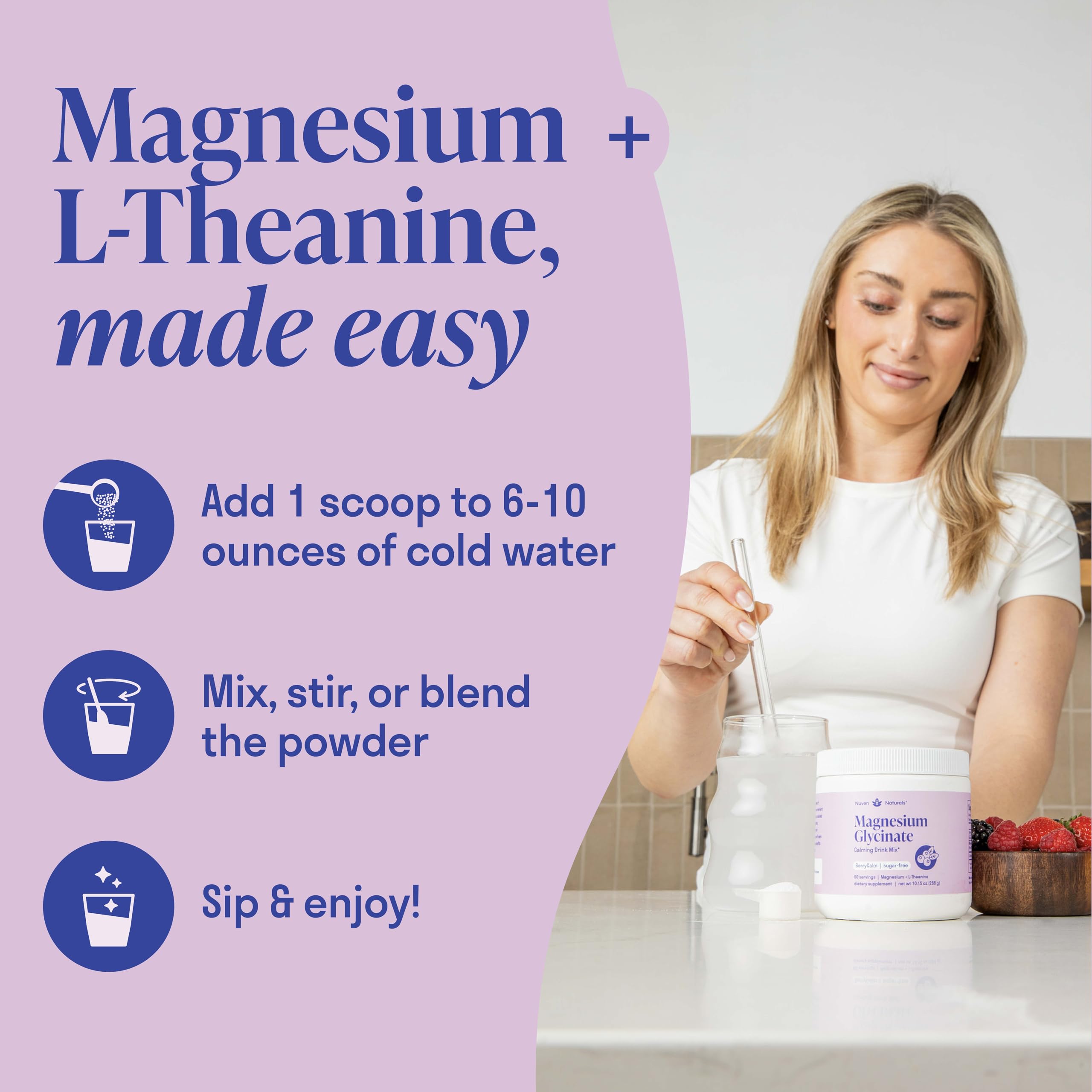 Magnesium Glycinate Powder + L-Theanine | 60 Servings | 300 mg per Scoop High Absorption Chelated Magnesium Powder for Sleep - Natural Mixed Berry Flavor, No Sugar, Support Restful Sleep & Relaxation Nuven Naturals uk supplements