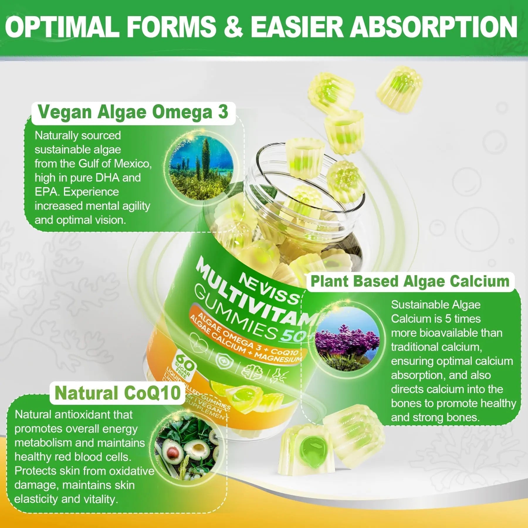 NEVISS 50+ Daily Gummy Multivitamin Algae Omega 3 & Calcium, CoQ10, Magnesium + Vitamin D3 5000IU Gummies 125mcg with Calcium 600mg, K2(MK7) 200mcg NEVISS uk supplements