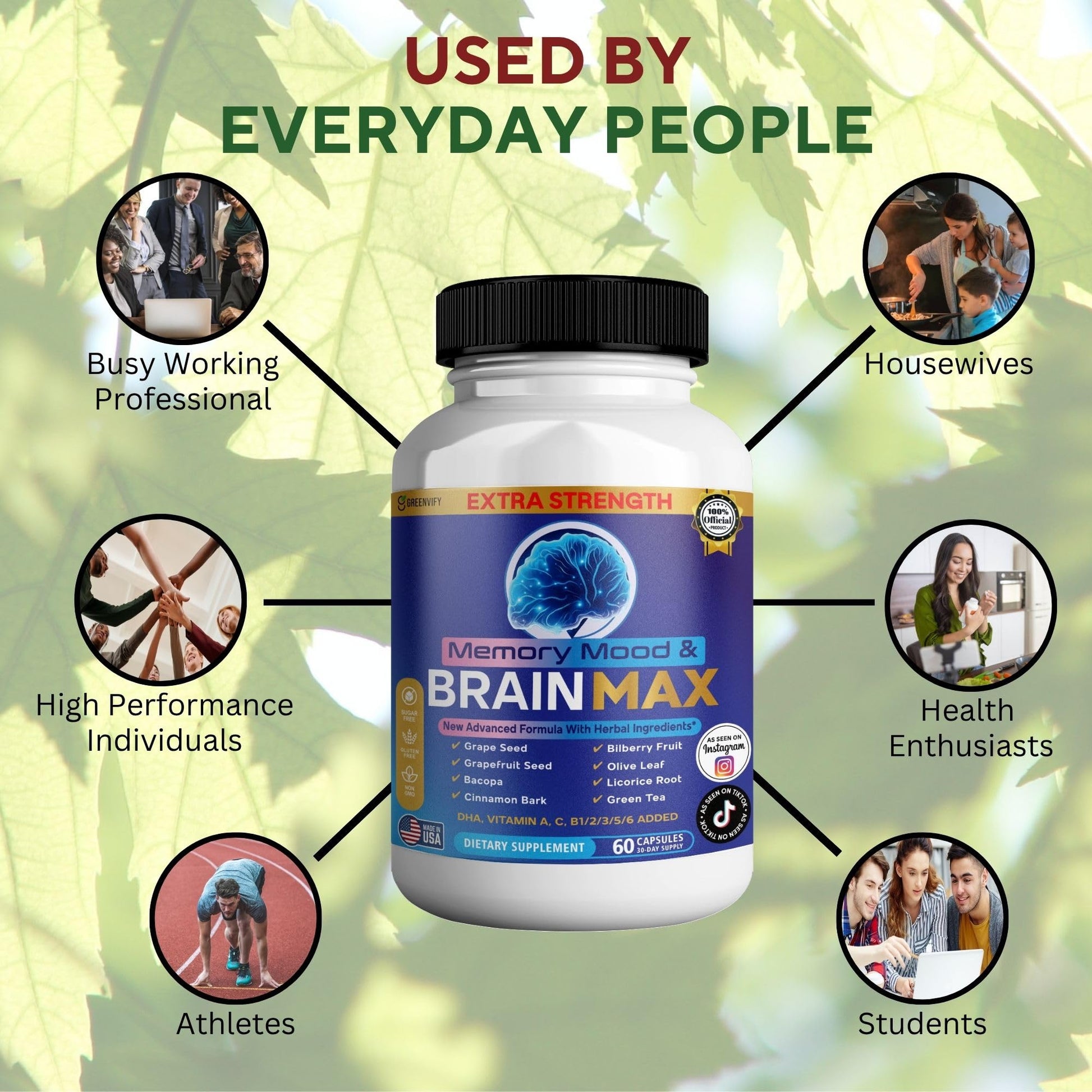 Memory, Mood & Brain Max Extra Strength Supplement with Herbal Ingredients, 60 Capsules, DHA, Vitamins, Bacopa, Green Tea (1) GREENVIFY uk supplements