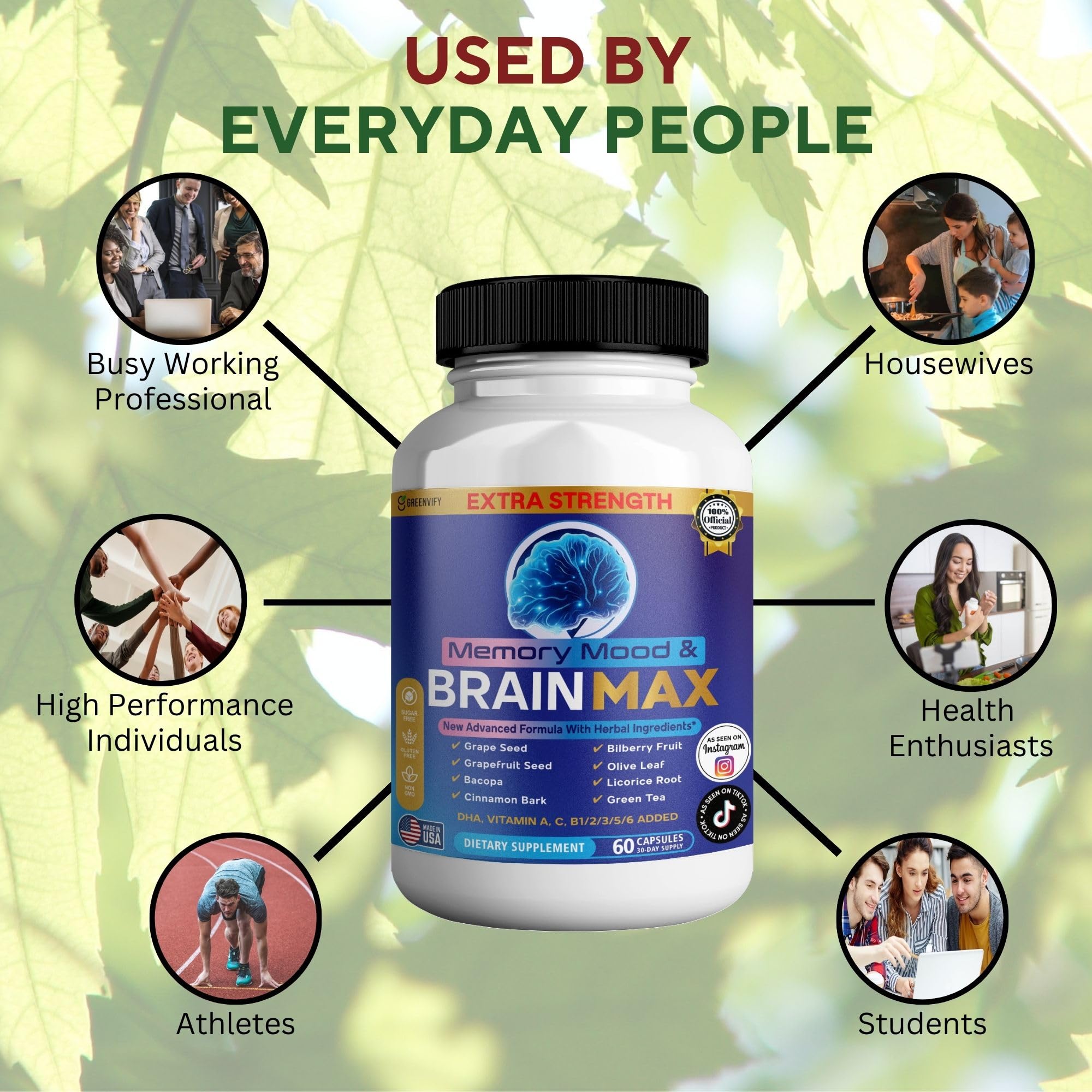 Memory, Mood & Brain Max Extra Strength Supplement with Herbal Ingredients, 60 Capsules, DHA, Vitamins, Bacopa, Green Tea (1) GREENVIFY uk supplements