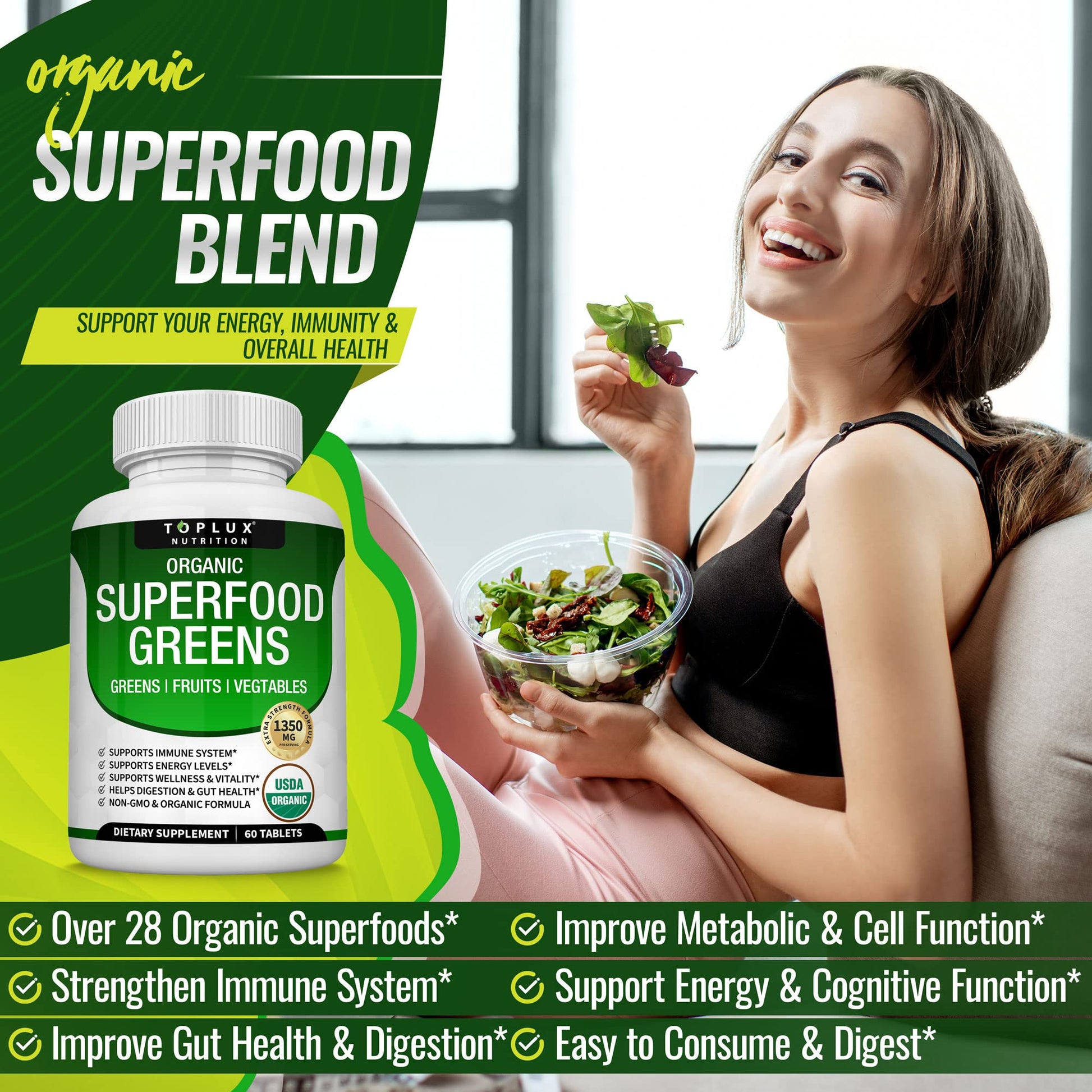 Organic Super Greens Capsules Superfood Fruit Veggie Supplement - 28 Powerful Natural Toplux uk supplements