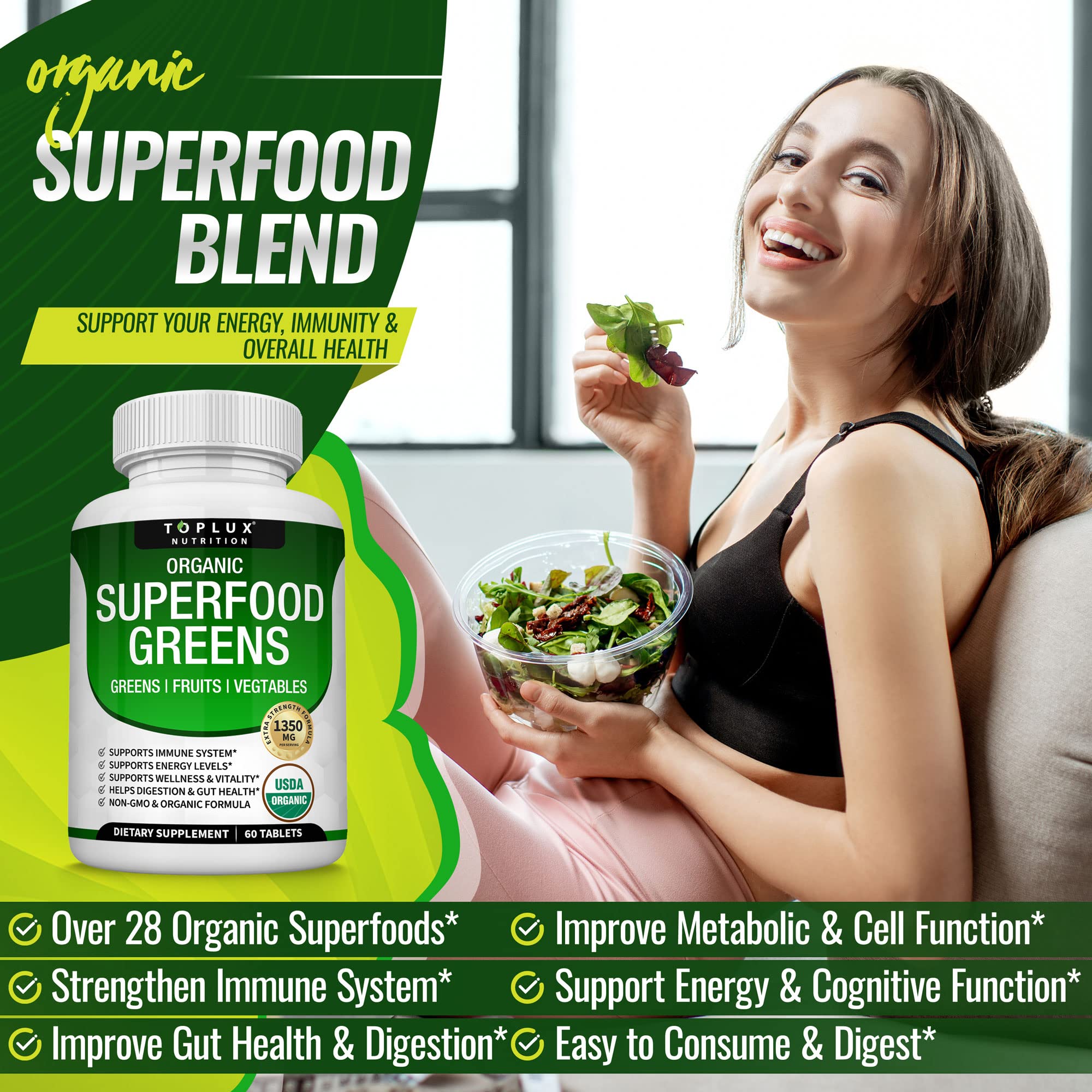 Organic Super Greens Capsules Superfood Fruit Veggie Supplement - 28 Powerful Natural Toplux uk supplements