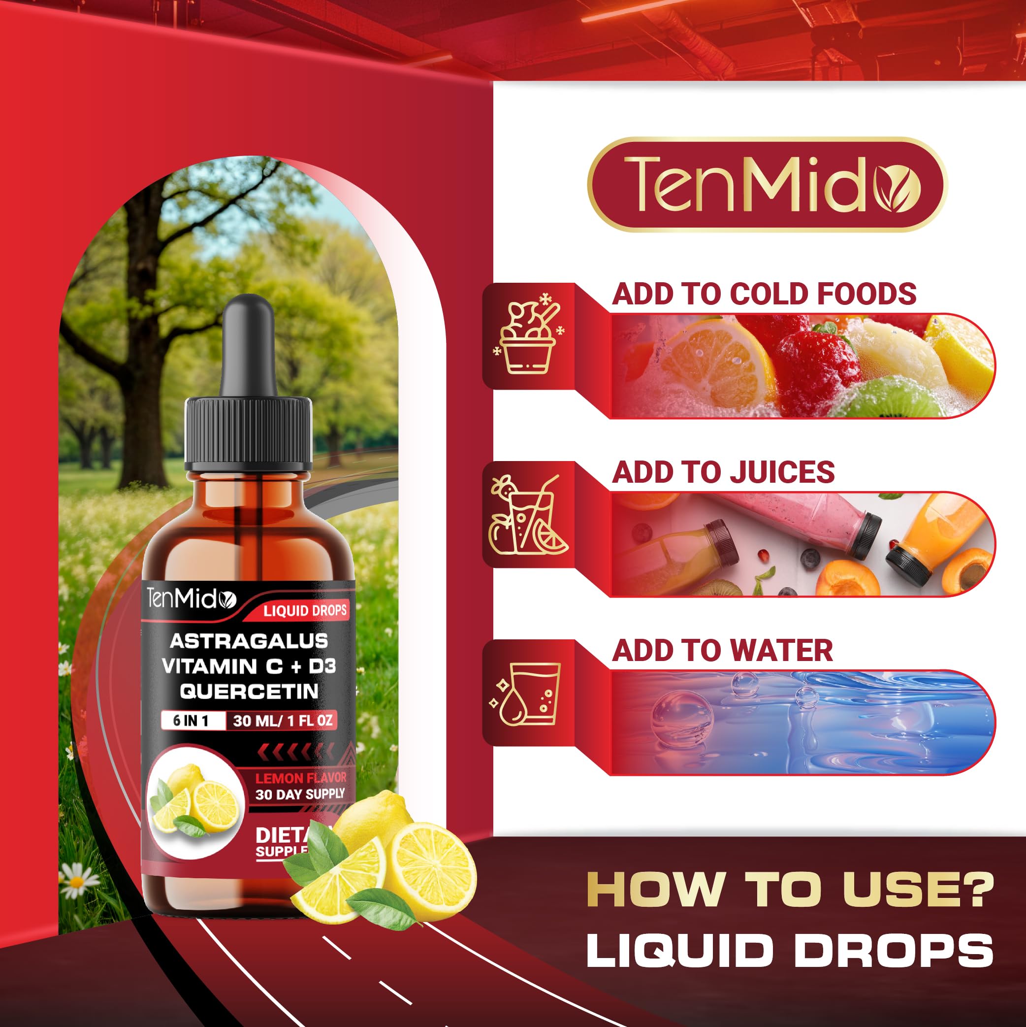 Tenmido 6-in-1 Astragalus Root Tincture - Herbal Extract Supplements with Quercetin, Rhodiola Rosea, Vitamin D3, Vitamin C, and Zinc - Vegan, Non-GMO - 30ml 1 Fl Oz Tenmido uk supplements