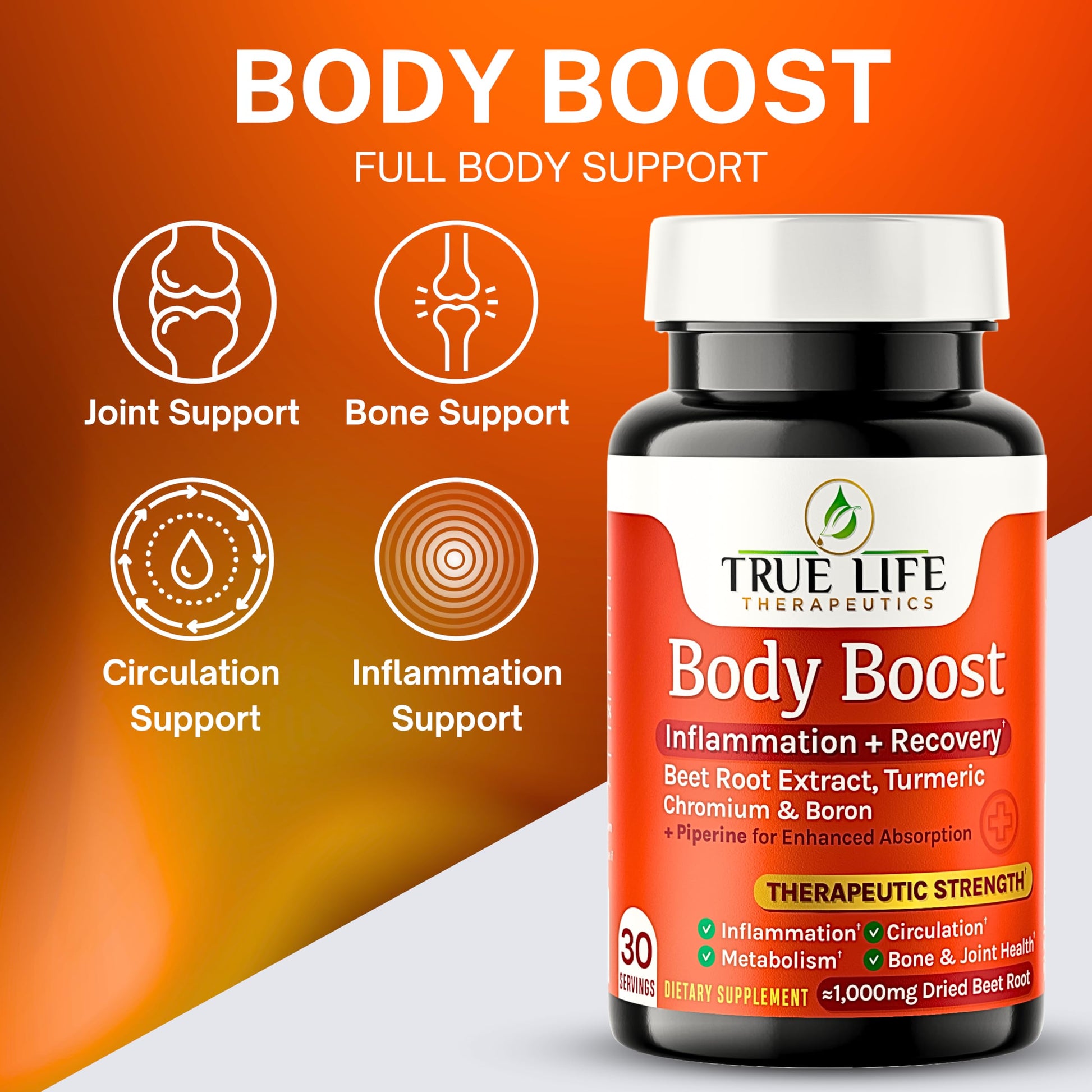 Body Support Tablets – Beet Root Extract, Turmeric Boron & Chromium – Supports Inflammation, Circulation, Hormonal Balance & Metabolic Function – 60ct - 30 Servings True Life Therapeutics uk supplements