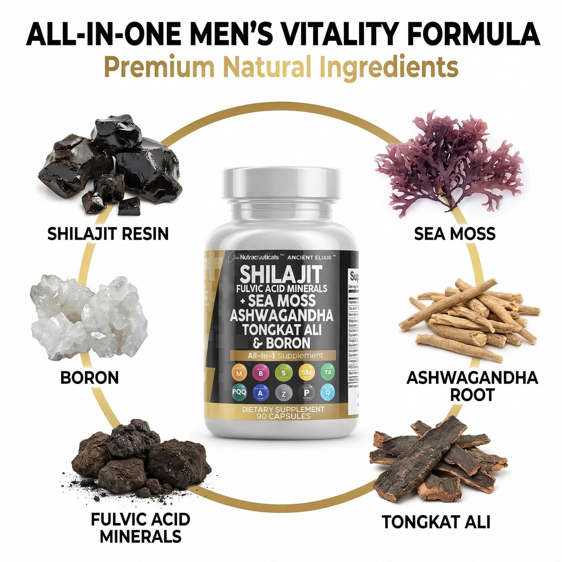 Clean Nutraceuticals Shilajit Supplement for Men with Sea Moss, Tongkat Ali, Ashwagandha, Boron, Zinc, CoQ10, PQQ - Fulvic Acid Capsules - Energy Support - 90 Count - Resin, Gummy & Powder Alternative Clean Nutraceuticals uk supplements