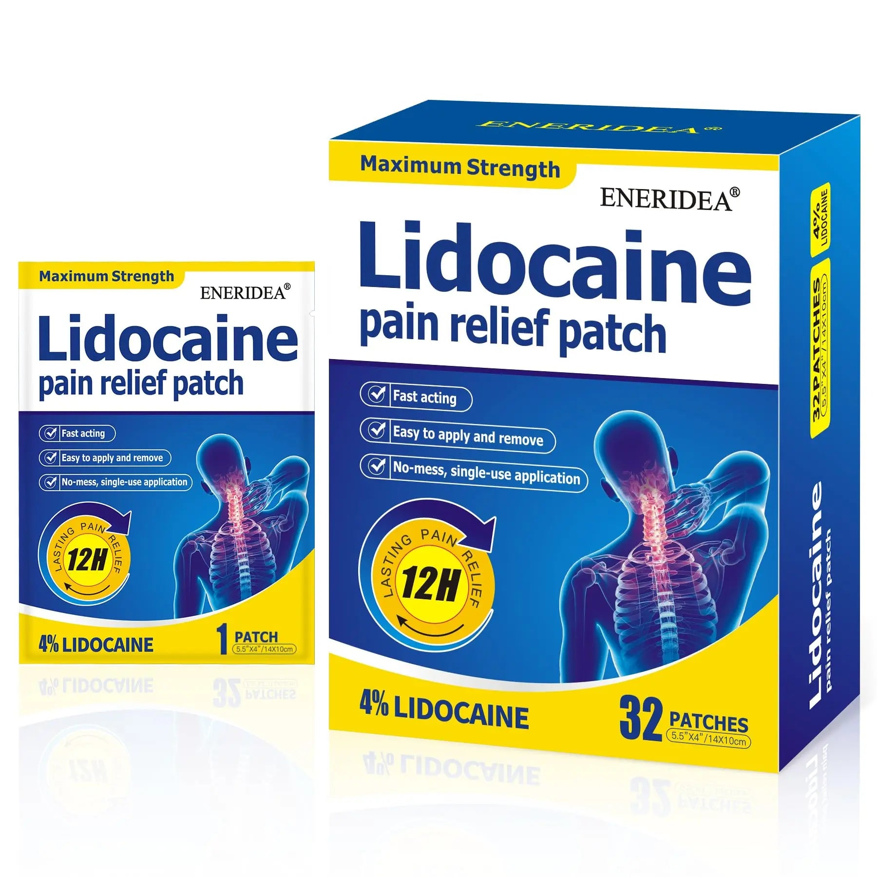 ENERIDEA Lidocaine Gel Pain Relief Patch for Sensitive Skin - Breathable & Hypoallergenic, Flexible Adhesion for Daily Muscle & Joint Comfort - 12 Hour Pain Relief (32 Patches) ENERIDEA uk supplements