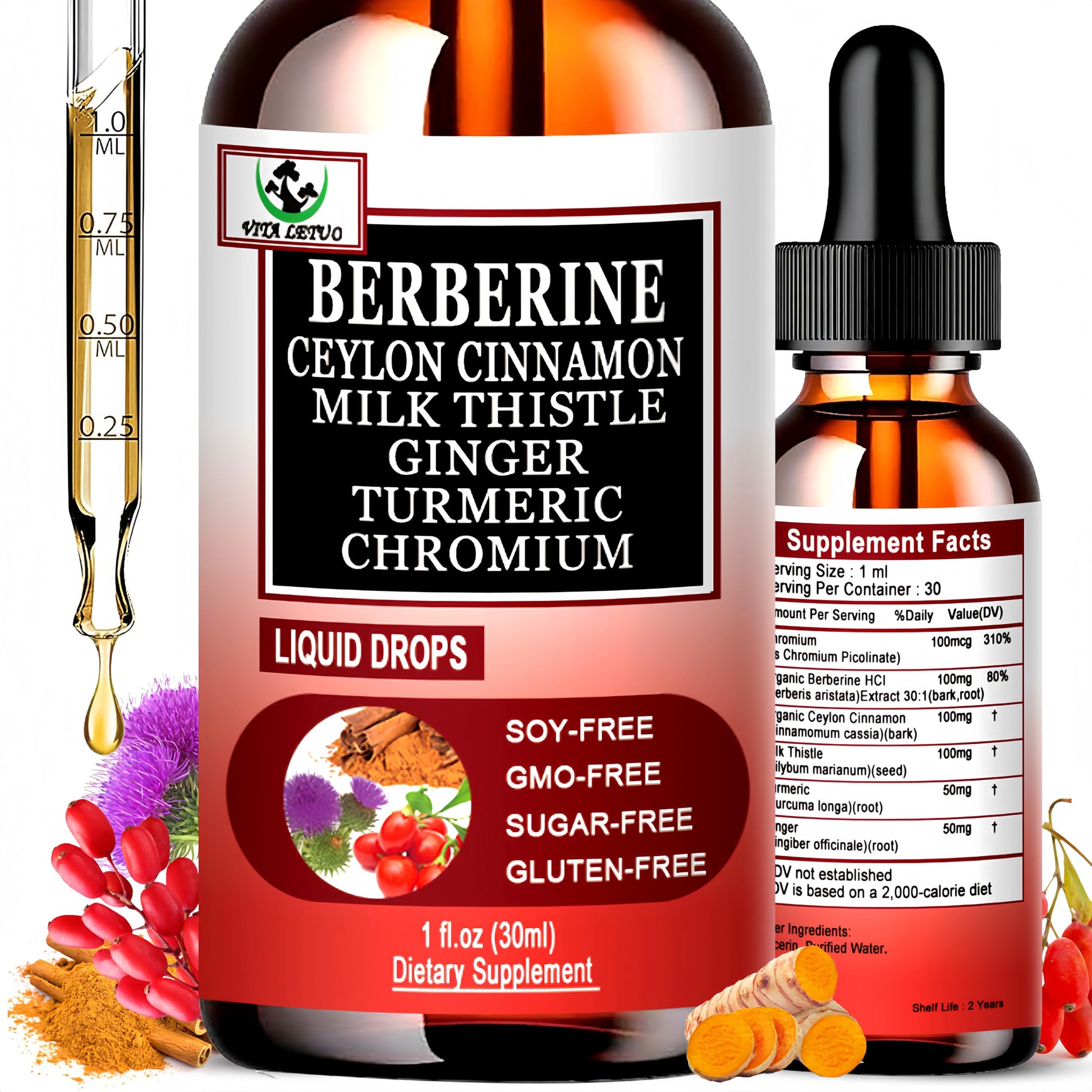 Berberine Drops, High Absorption 6-in-1 Liquid Berberine Supplement with Ceylon Cinnamon Milk Thistle Turmeric, Premium Berberine HCl for Immune Function Metabolic & Digestive Support, 30 Servings Vita letuo uk supplements