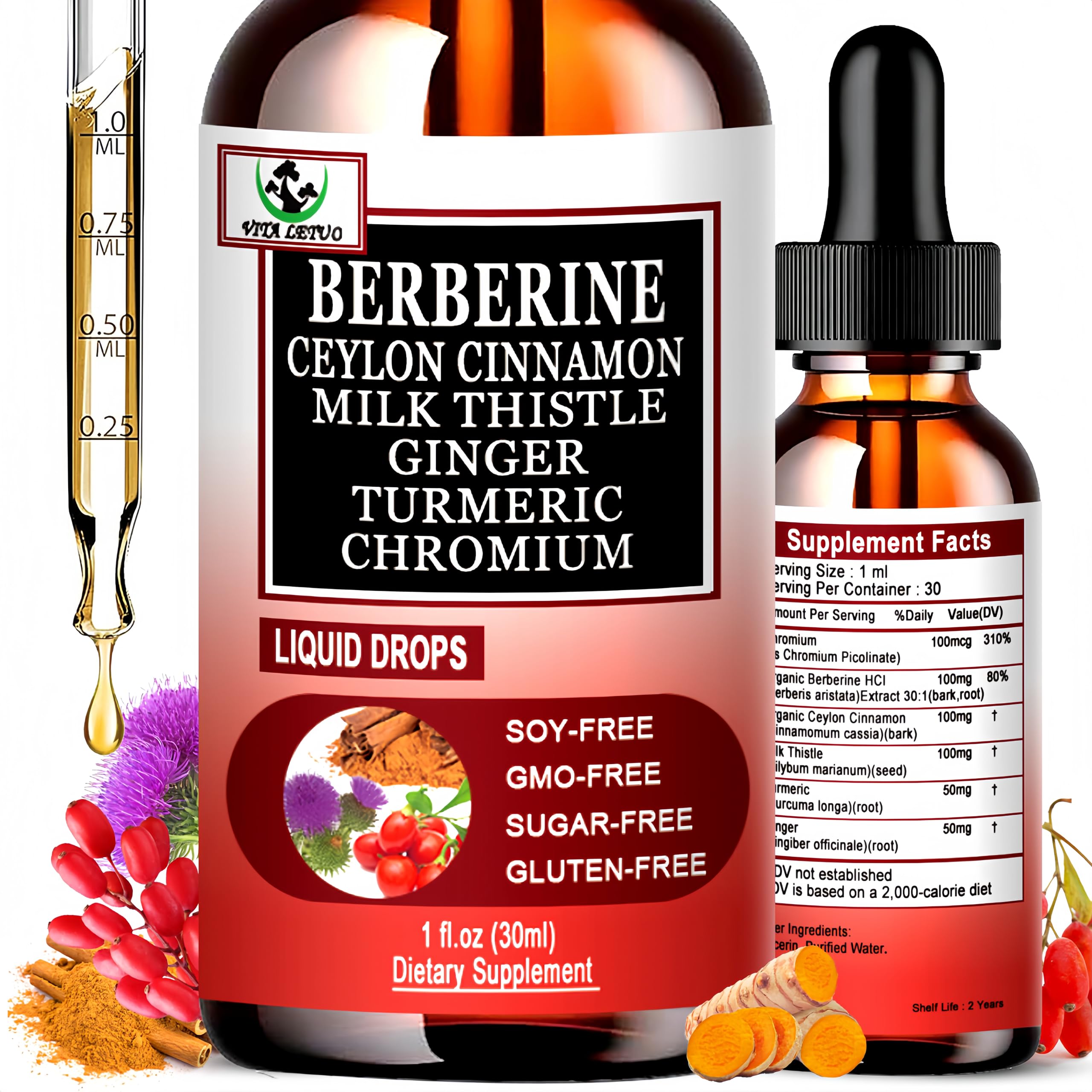 Berberine Drops, High Absorption 6-in-1 Liquid Berberine Supplement with Ceylon Cinnamon Milk Thistle Turmeric, Premium Berberine HCl for Immune Function Metabolic & Digestive Support, 30 Servings Vita letuo uk supplements