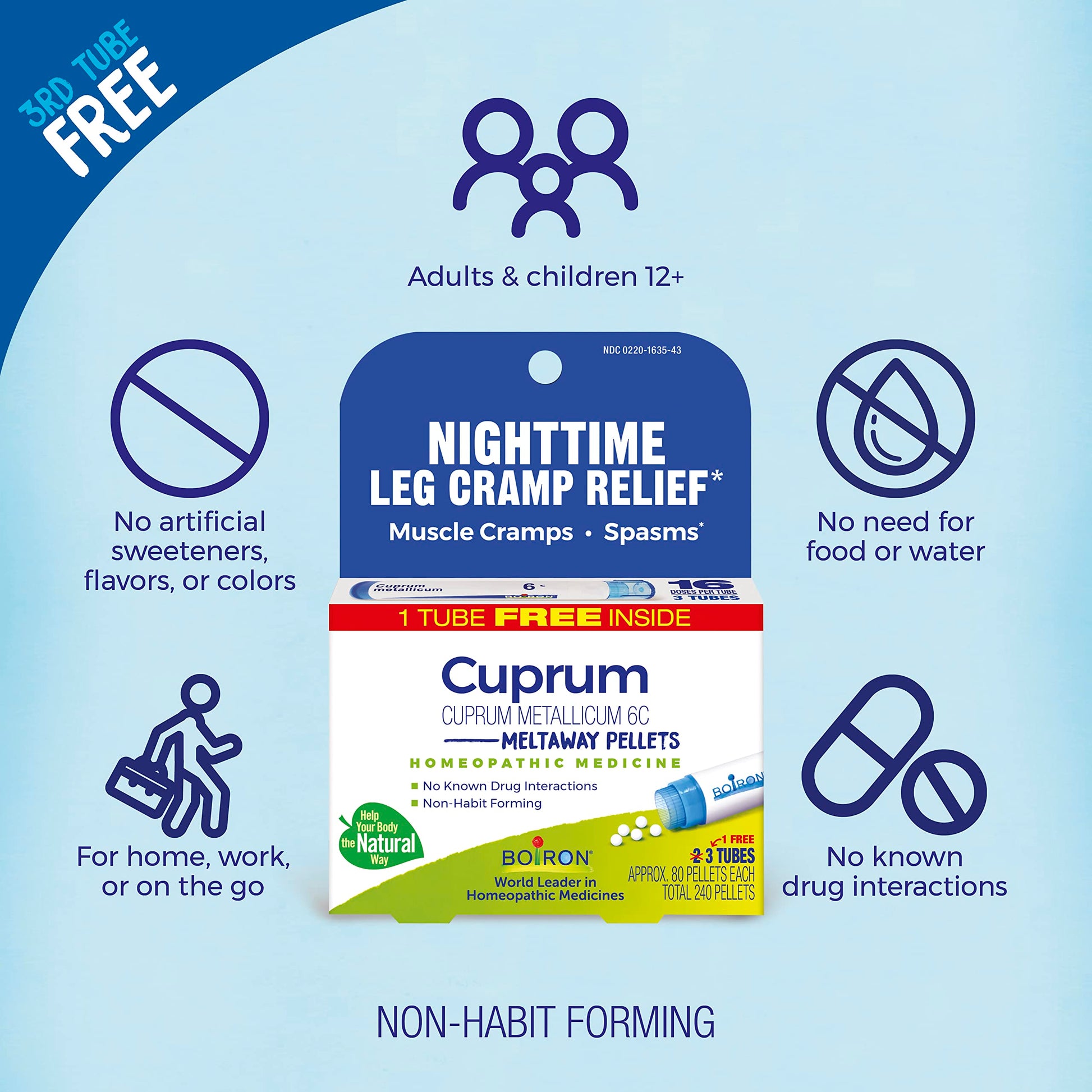 Boiron Cuprum Metallicum 6C Homeopathic Medicine for Nighttime Leg Cramp Relief, Muscle Cramps, and Spasms - 3 Count (240 Pellets) Boiron uk supplements