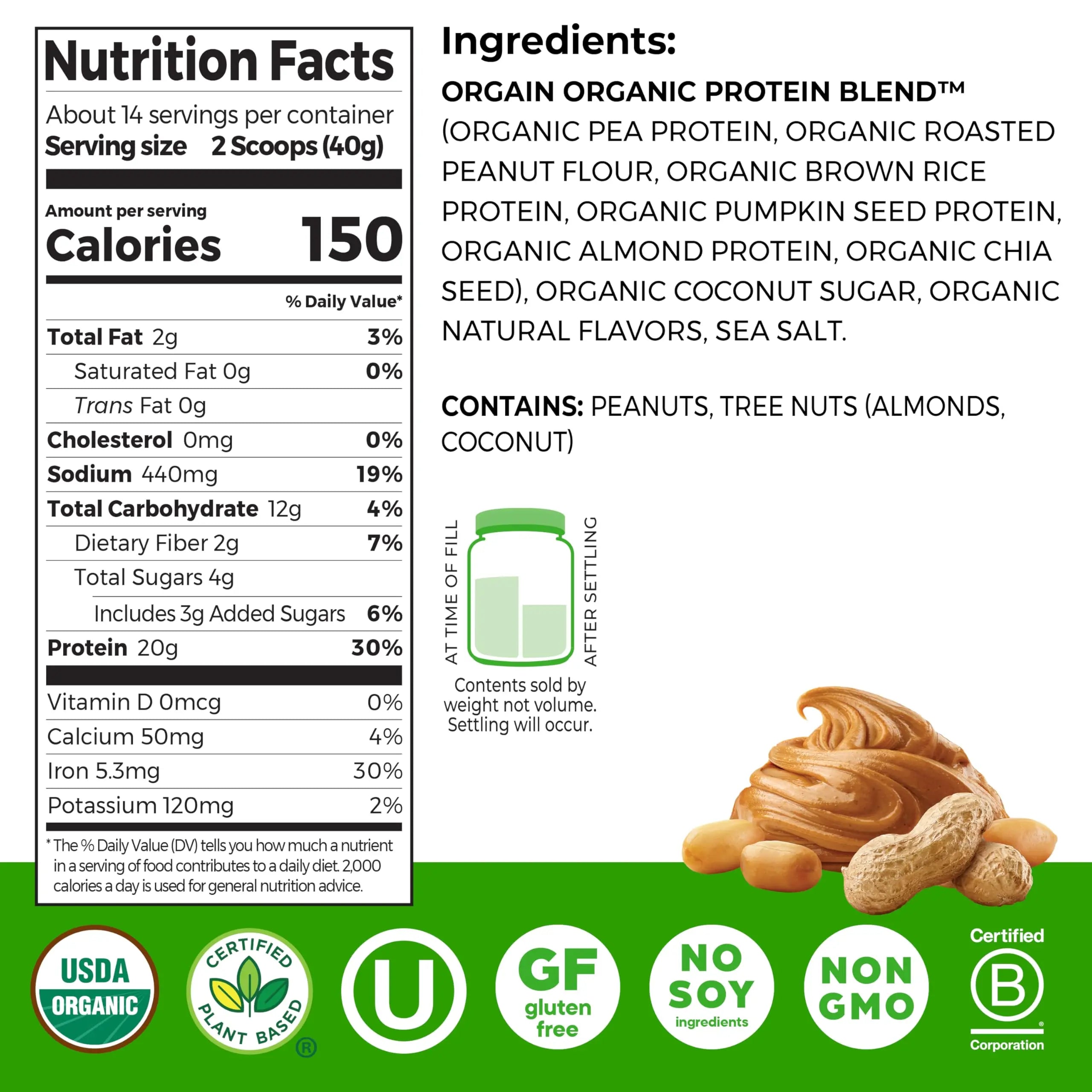 Orgain Organic Simple Vegan Protein Powder, Peanut Butter - 20g Plant Based Protein, With less Ingredients, No Artificial Sweeteners, Gluten Free, No Dairy or Lactose, 1.25 lb (Packaging May Vary) Orgain uk supplements