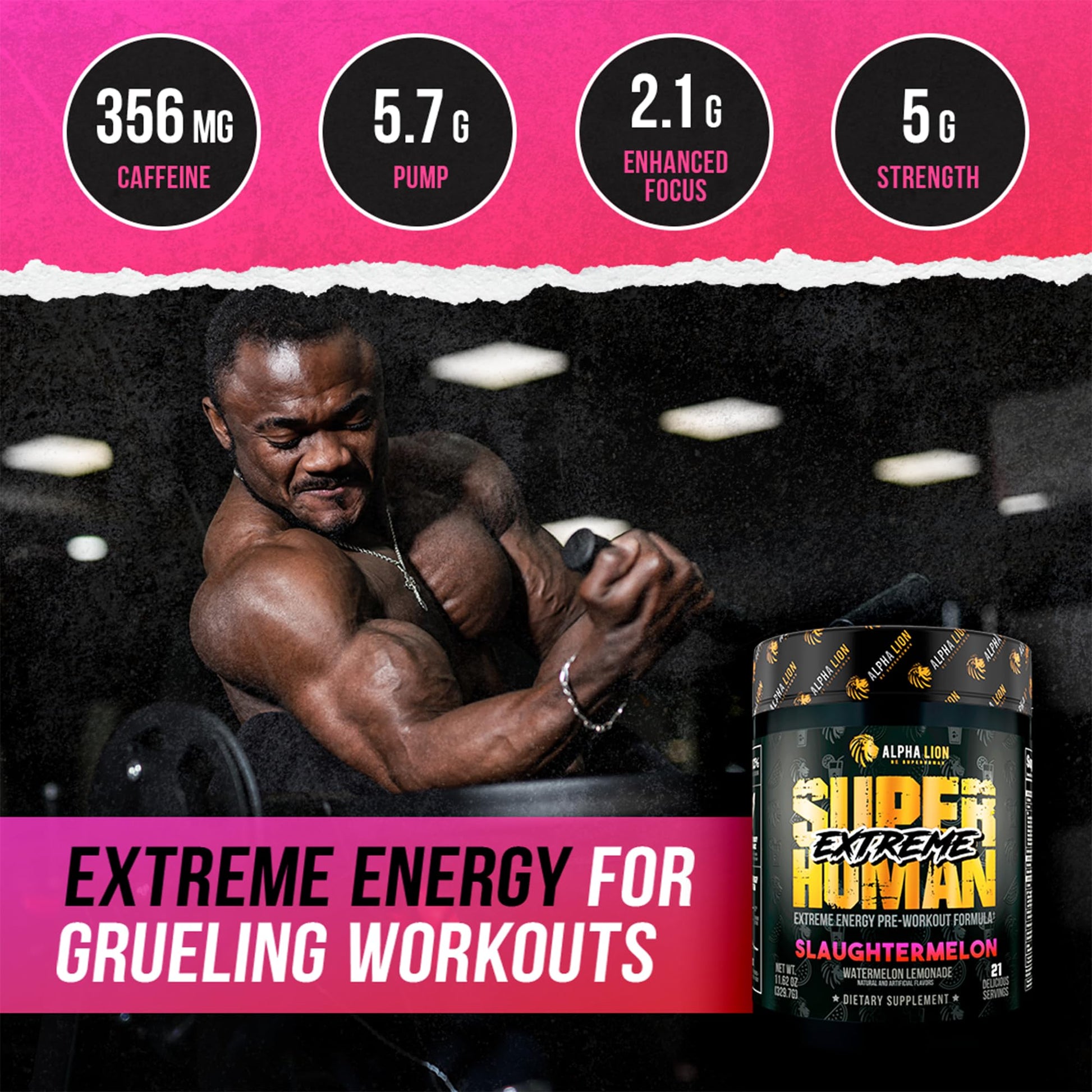 ALPHA LION Superhuman Extreme High Stim Pre Workout Powder, Beta Alanine, L-Taurine & 356mg Tri-Source Caffeine for Sustained Energy, Nitric Oxide & Citrulline for Pump (21 Servings, Slaughtermelon) ALPHA LION uk supplements