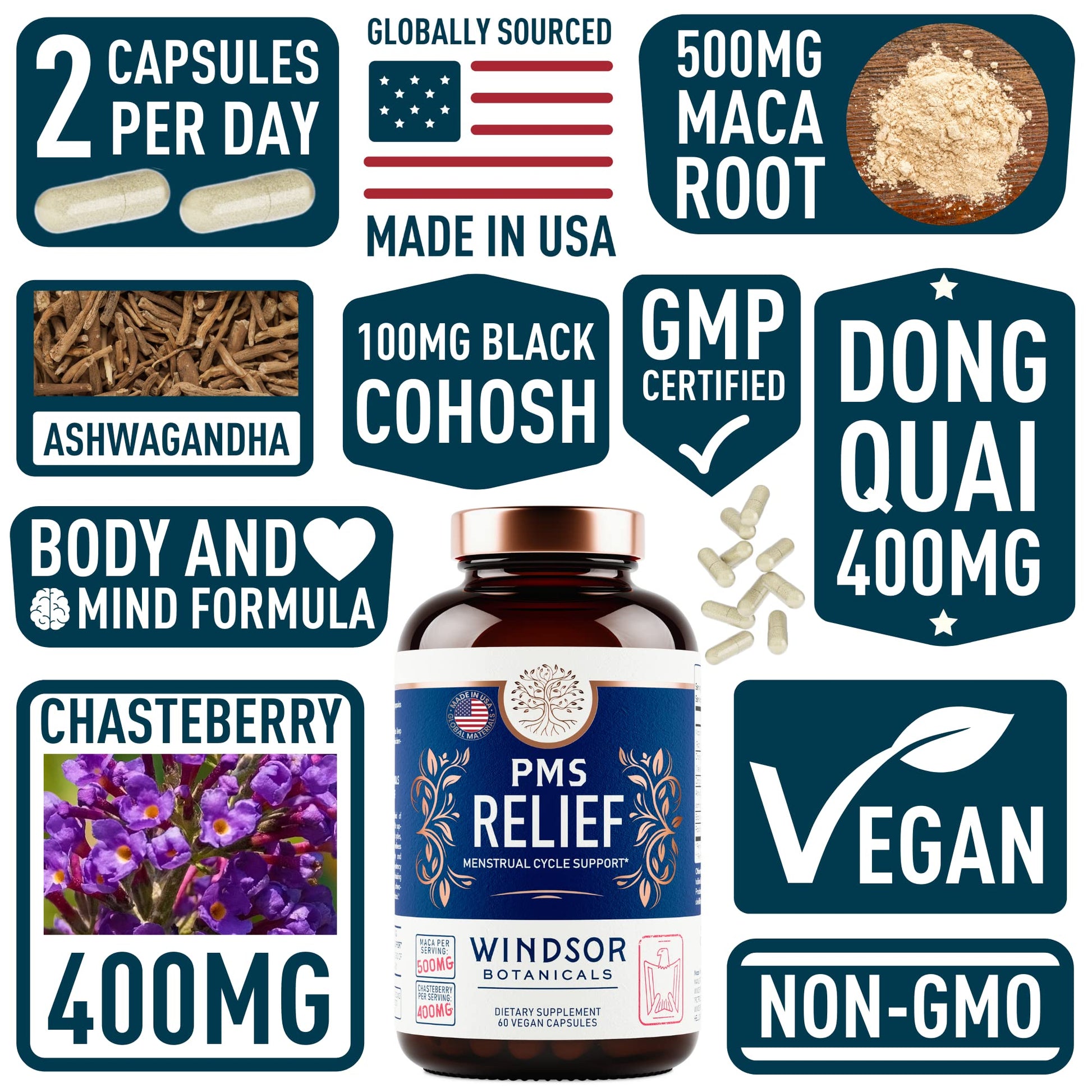 PMS Support Supplement for Women with Chasteberry, Maca Root, Ashwagandha - Period Relief, Bloating Relief for Women, Mood Support, Hormone Balance Herbal Supplements - 30 Day, 60 Vegan Capsules WINDSOR BOTANICALS uk supplements
