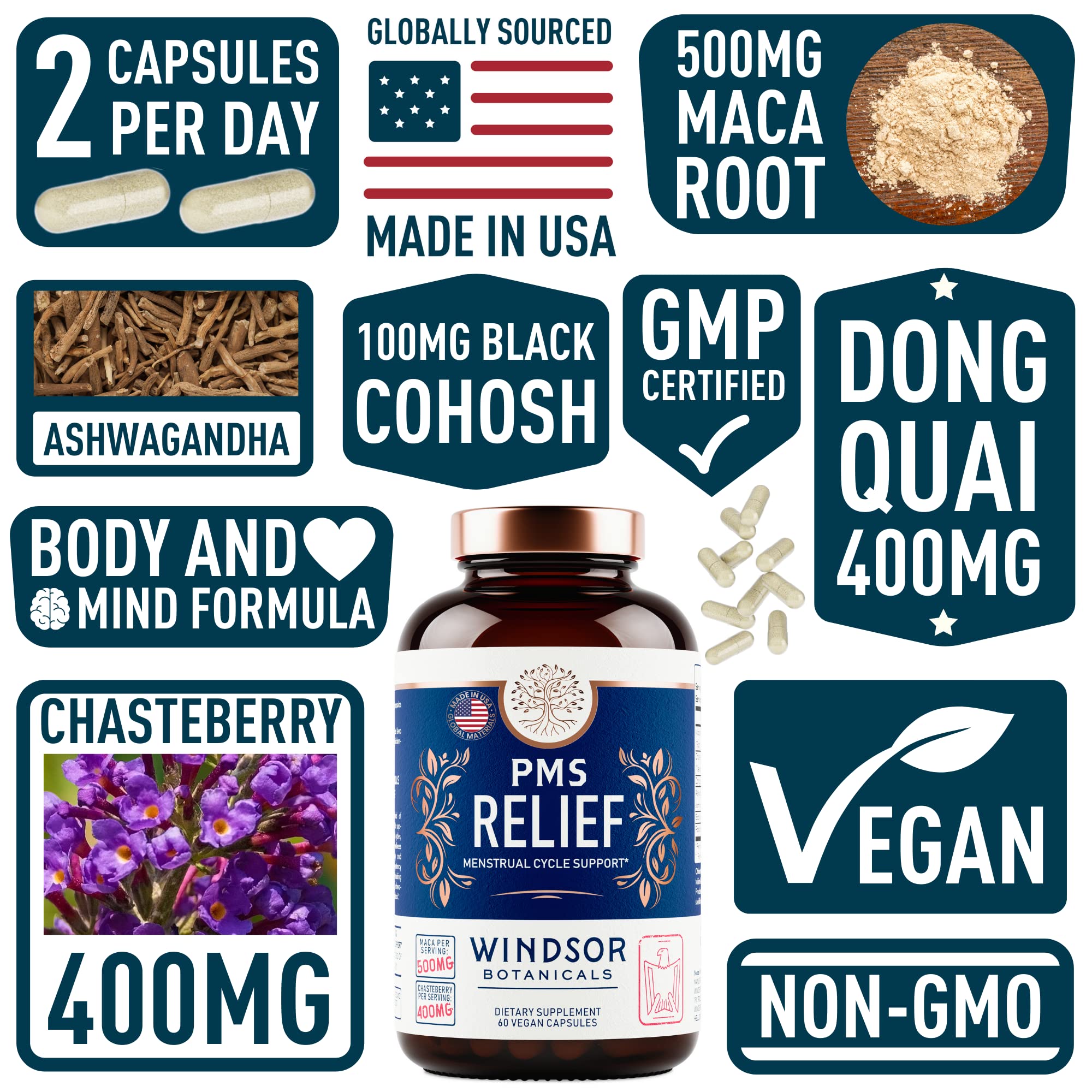 PMS Support Supplement for Women with Chasteberry, Maca Root, Ashwagandha - Period Relief, Bloating Relief for Women, Mood Support, Hormone Balance Herbal Supplements - 30 Day, 60 Vegan Capsules WINDSOR BOTANICALS uk supplements