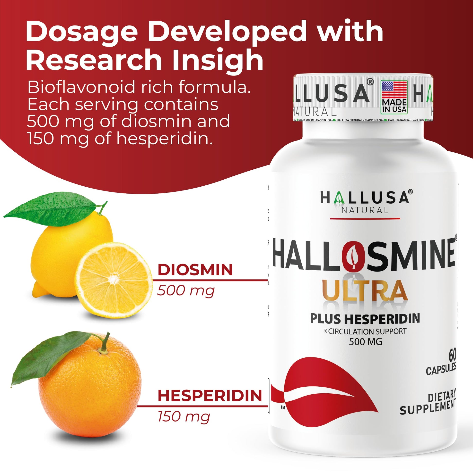 Hallusa Natural Hallosmine Ultra Diosmin 500mg & Hesperidin 150mg – Heavy Legs, Swelling & Vein - Blood Circulation Supplements, 60 Caps Hallusa Natural uk supplements