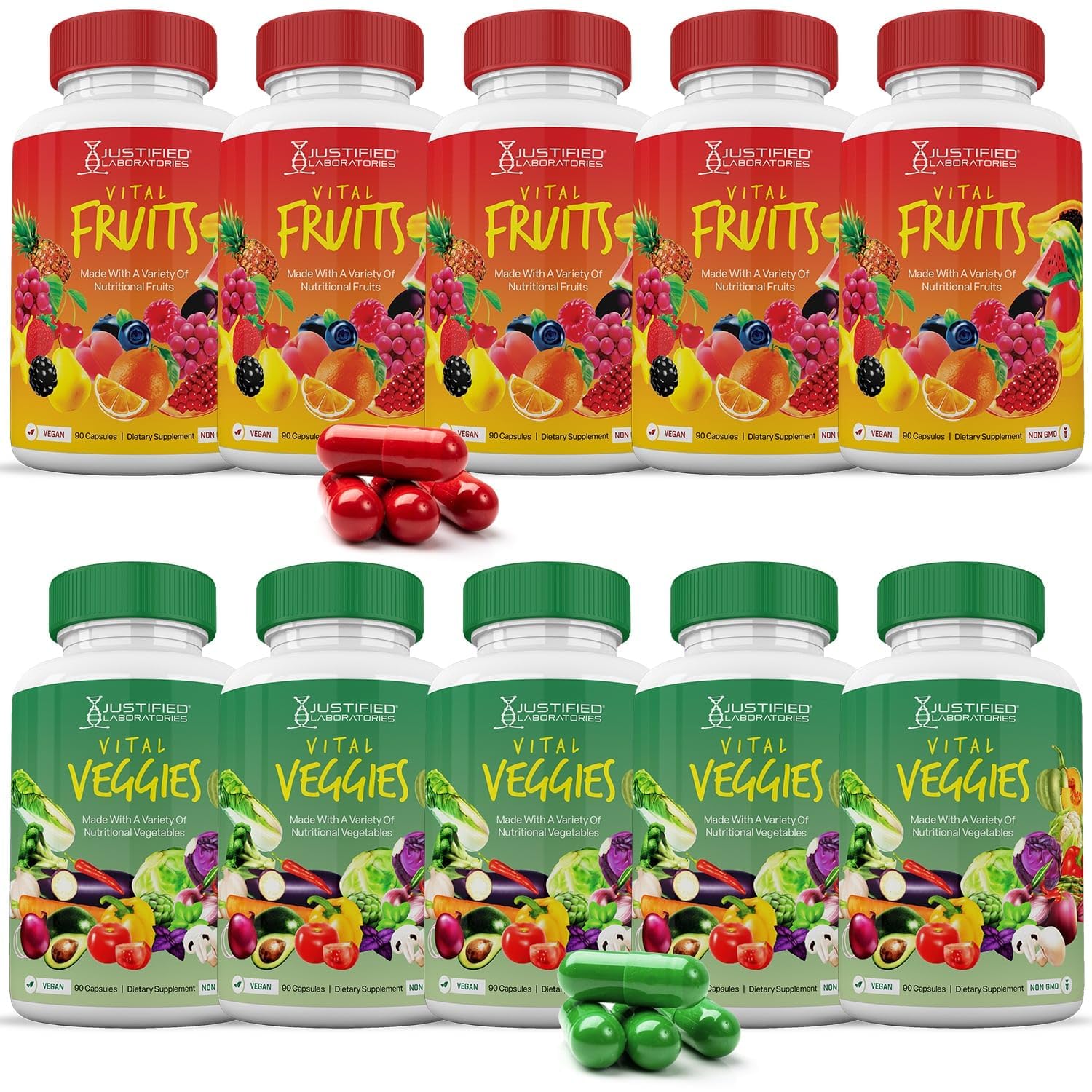 (10 Pack) Vital Fruits and Veggies Supplement Whole Food Red & Green Superfoods Non GMO Vegan Friendly 900 Veggie Capsules 10 Bottles Justified Laboratories uk supplements