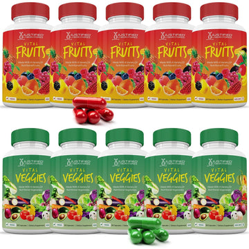 (10 Pack) Vital Fruits and Veggies Supplement Whole Food Red & Green Superfoods Non GMO Vegan Friendly 900 Veggie Capsules 10 Bottles Justified Laboratories uk supplements