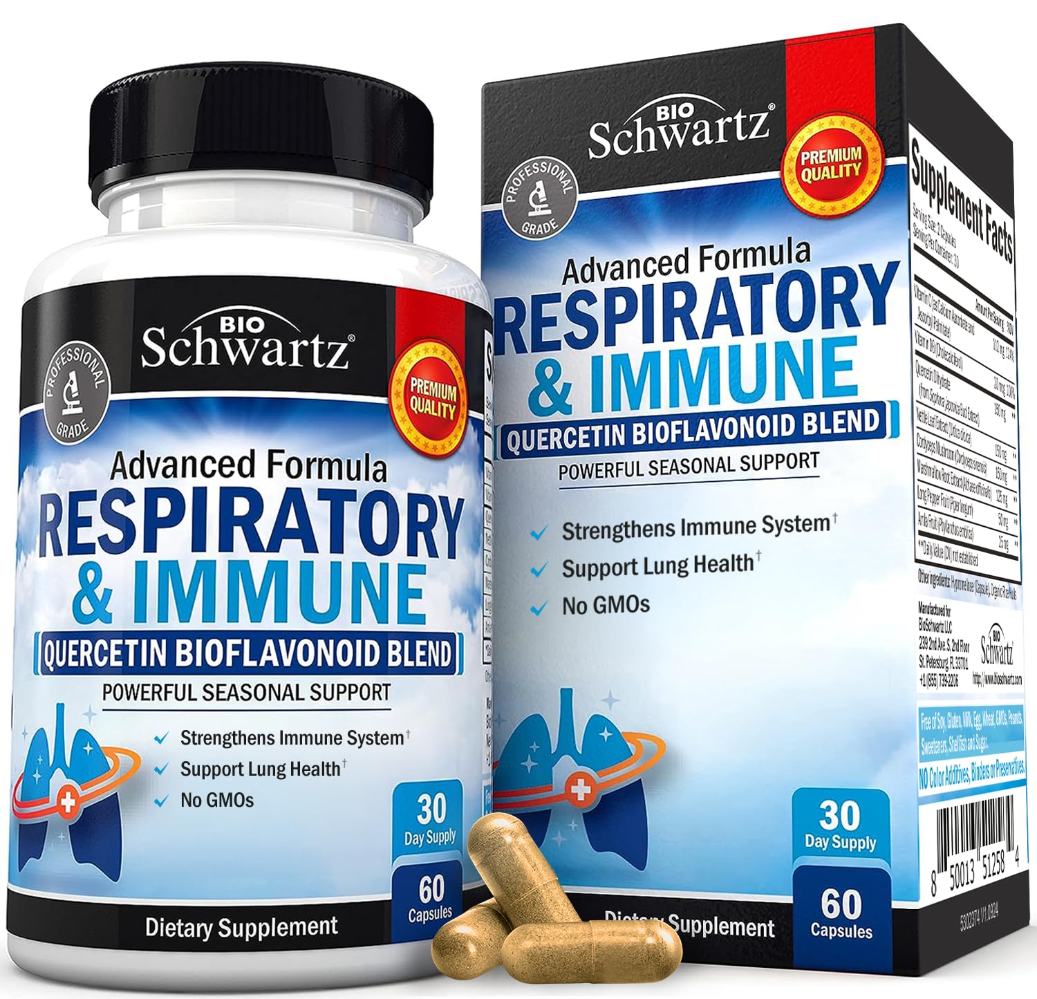 Respiratory & Immune Lung Support Supplement with Quercetin, Vitamin D & Cordyceps, Helps Soothe Respiratory Tissues While Loosening Mucus, Lung Health Vitamins for Women & Men, 60 Capsules BioSchwartz uk supplements