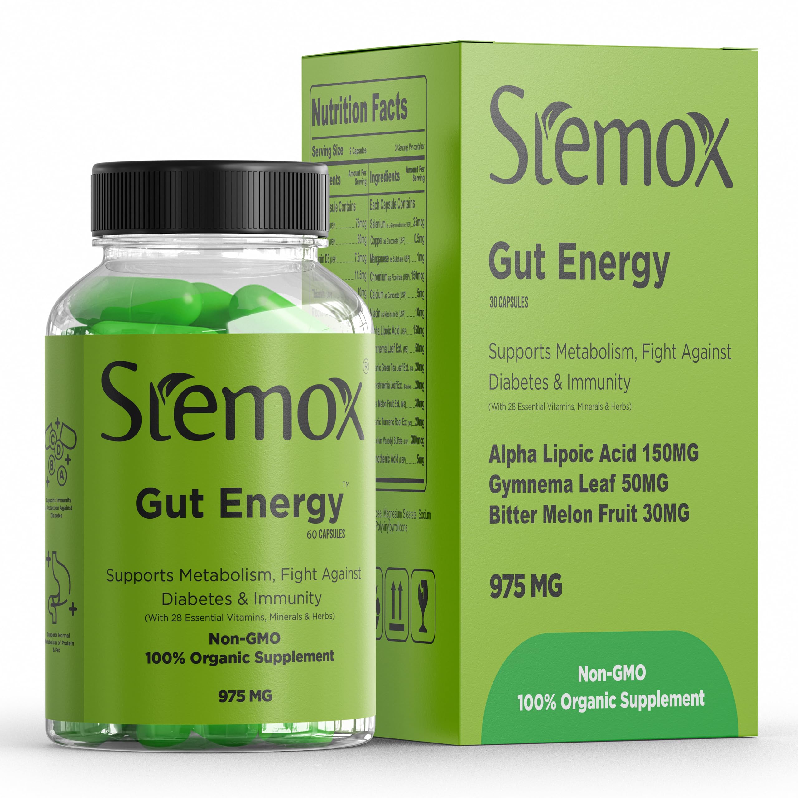 Stemox Gut Energy – Natural Energy & Metabolism Support Supplement with Biotin, Chromium, Alpha Lipoic Acid & Organic Herbal Extracts – Blood Sugar & Gut Health Support – 60 Vegan Capsules Stemox uk supplements