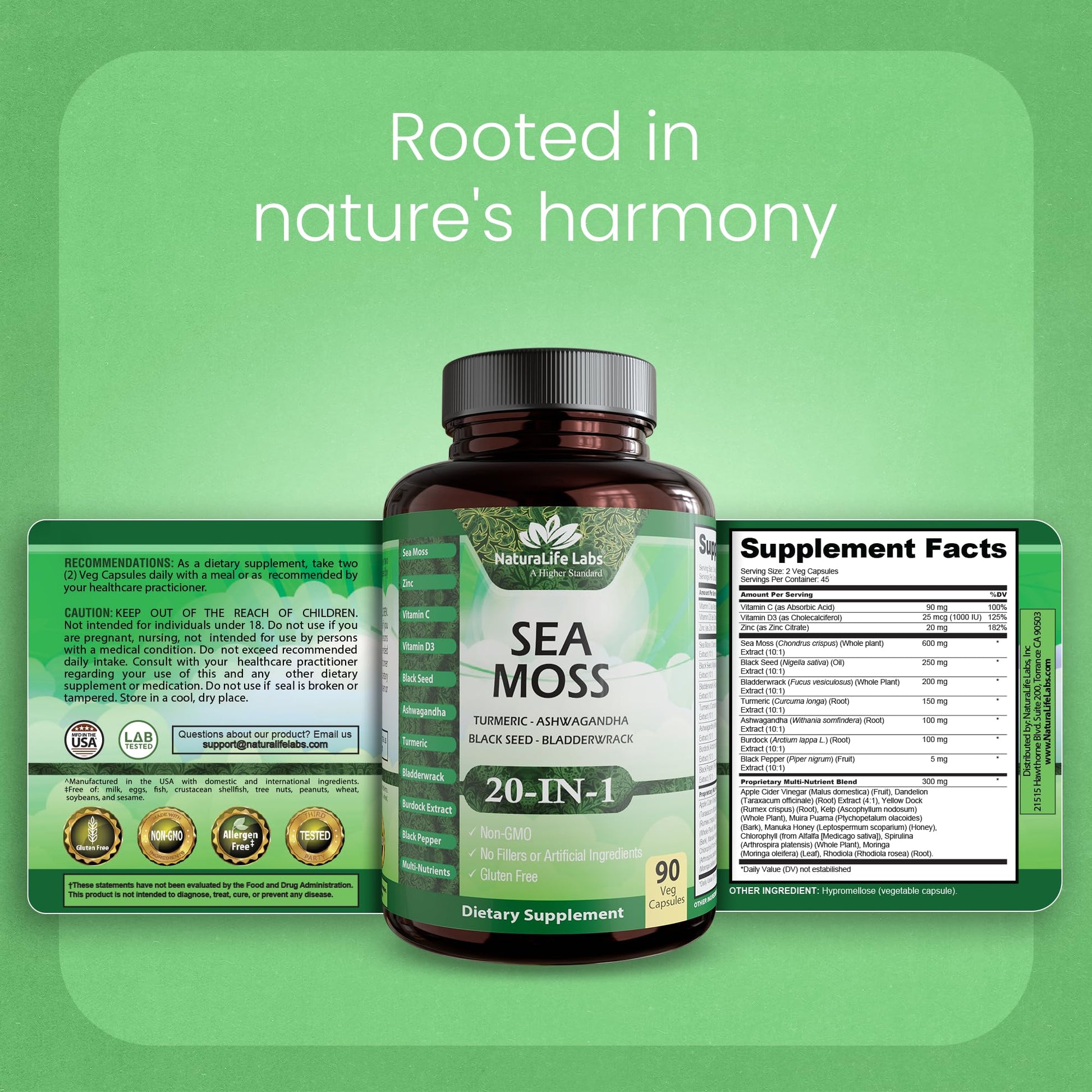 Sea Moss, Black Seed Oil, Bladderwrack, Turmeric, Ashwagandha, Burdock, Vitamin C, D3, Yellow Dock Root, Manuka, Dandelion - 90 Veggie caps NaturaLife Labs uk supplements